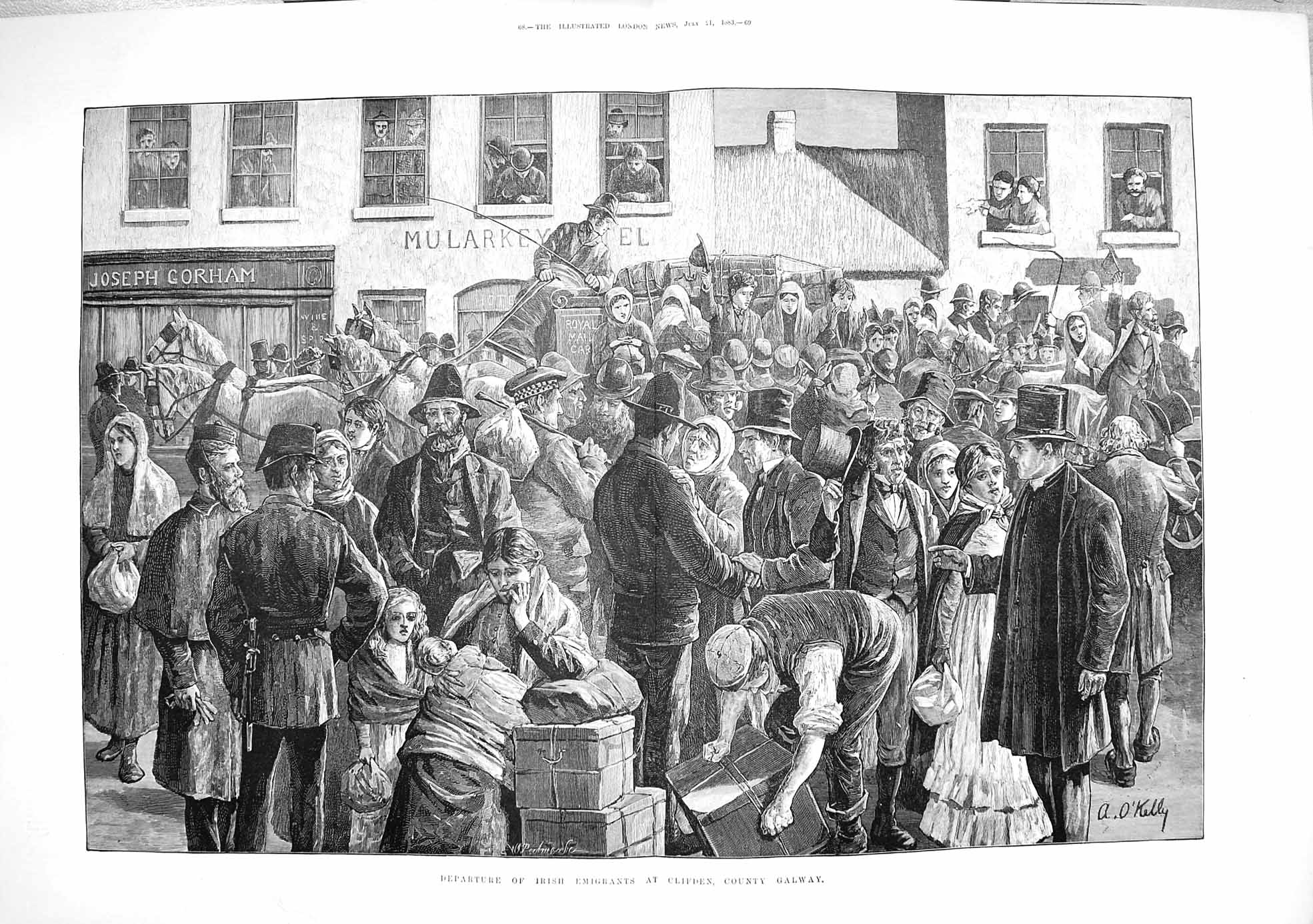 Old Antique Print 1883 Departure Irish Emigrants Clifden County Galway 0 19th