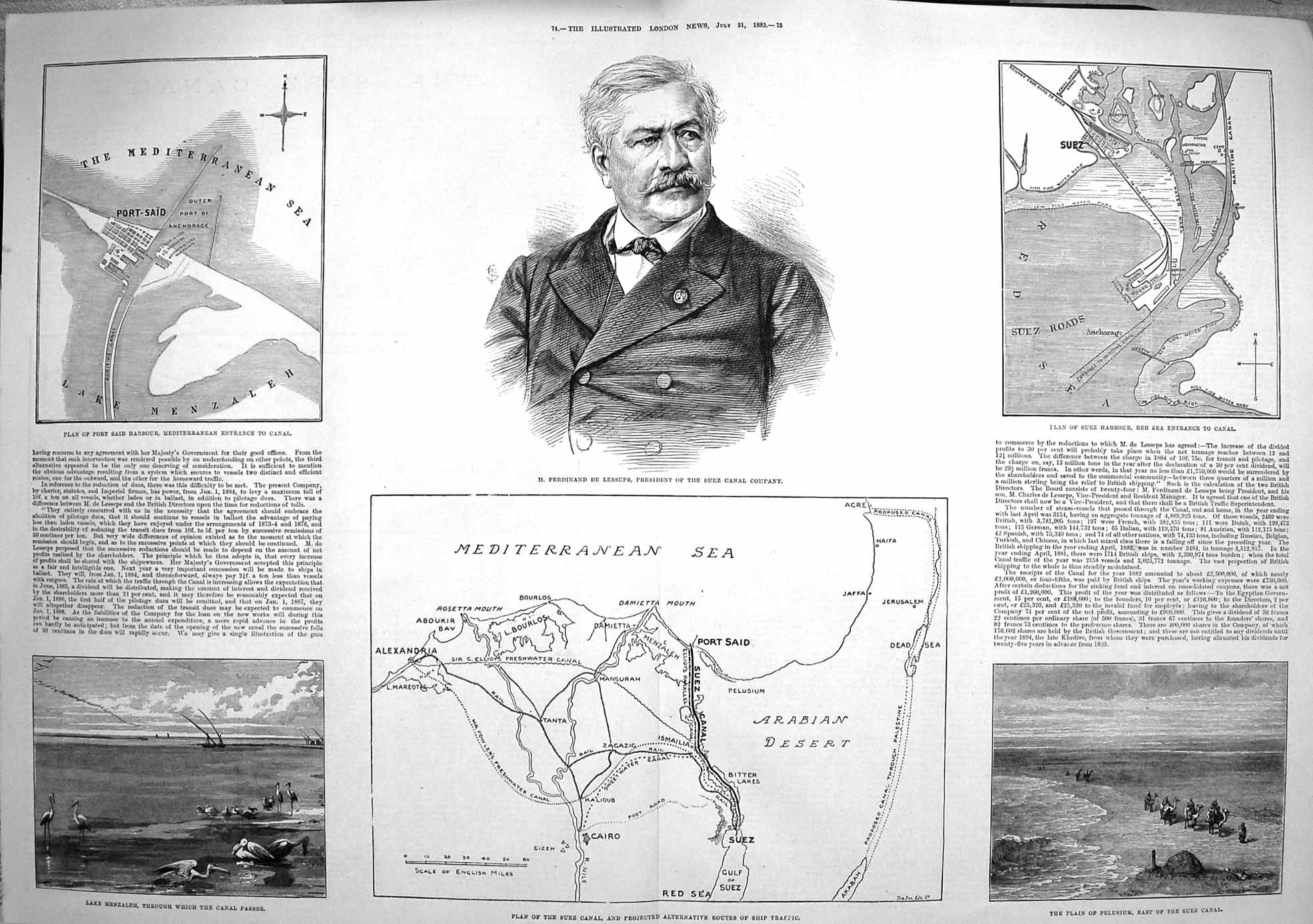 Original Old Antique Print 1883 Ferdinand Lesseps Suez Canal Pelusium Harbo 19th
