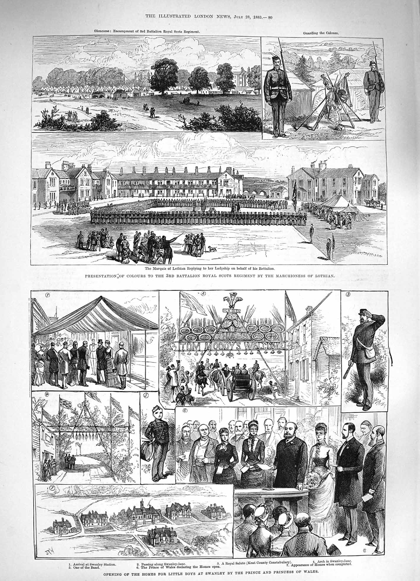 Old Antique Print 1883 Homes Boy Swanley Prince Wales Royal Scots Lothian 19th