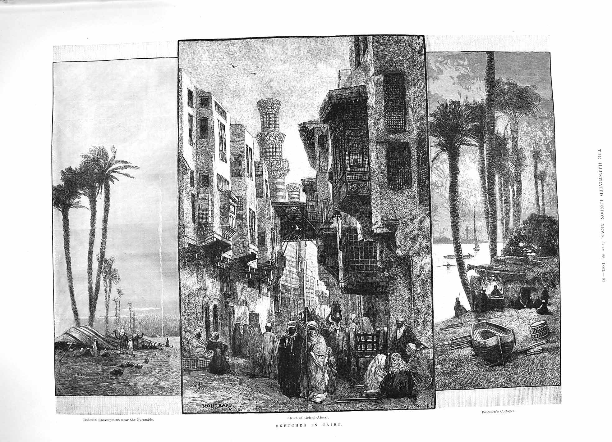 Old Antique Print 1883 Cairo Egypt Boatmen Cottages Bedouin Geb-El-Almar 19th