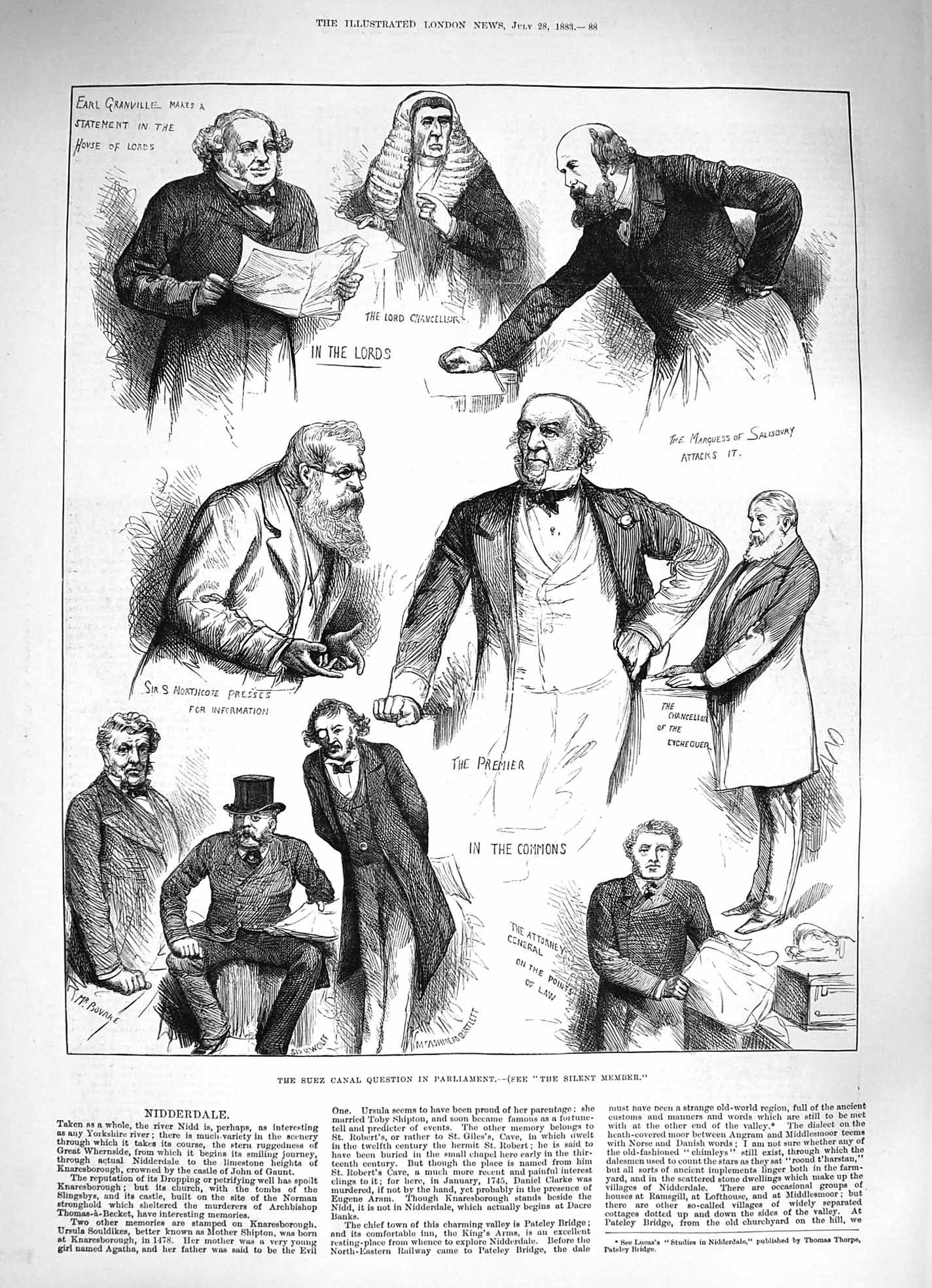 Old Antique Print 1883 Suez Canal Question Parliament Commons Chancellor 19th