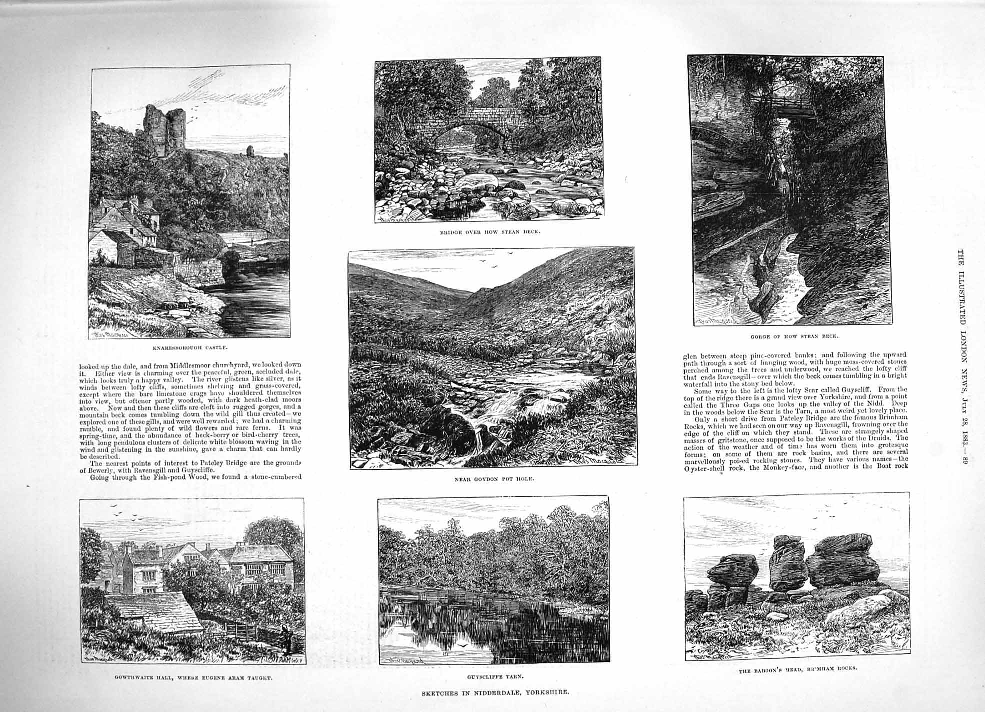 Original Old Antique Print 1883 Nidderdale Yorkshire Goydon Knaresborough Rocks