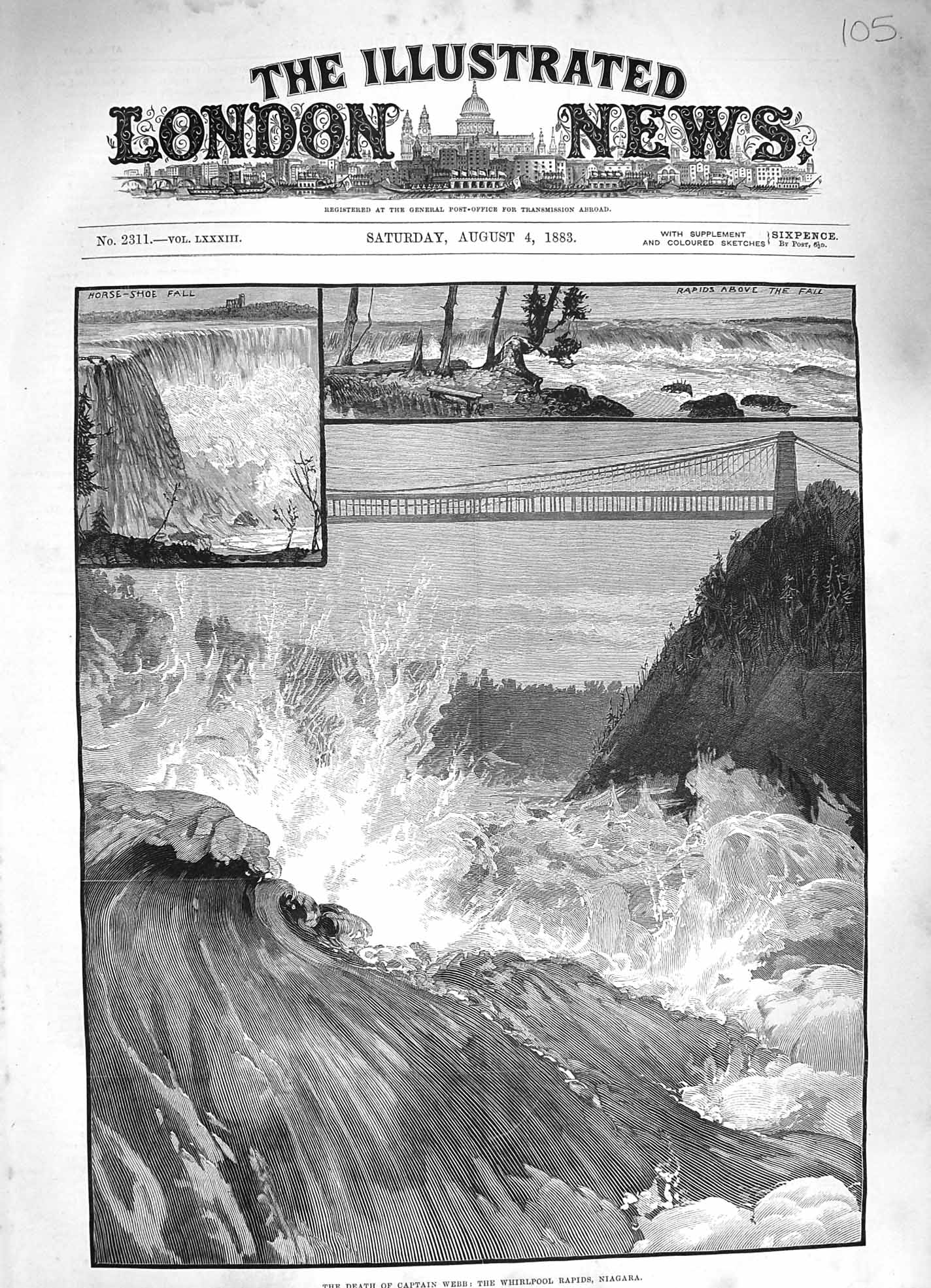 Old Antique Print 1883 Death Captain Webb Whirlpool Rapids Niagara River 19th
