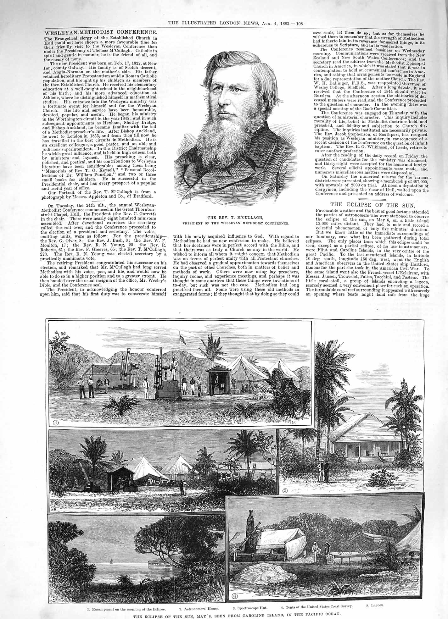 Old Antique Print 1883 Rev. M'Cullagh Eclipse Sun Caroline Pacific Ocean 19th