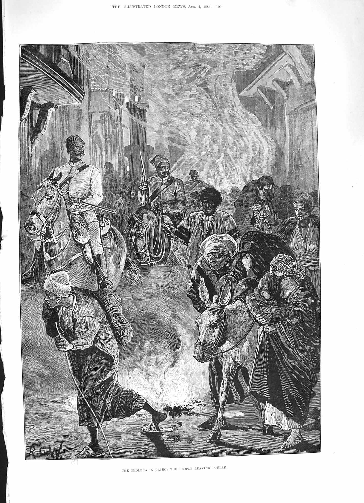 Old Antique Print 1883 Cholera Cairo Egpyt People Leaving Boulak Fine Art 19th