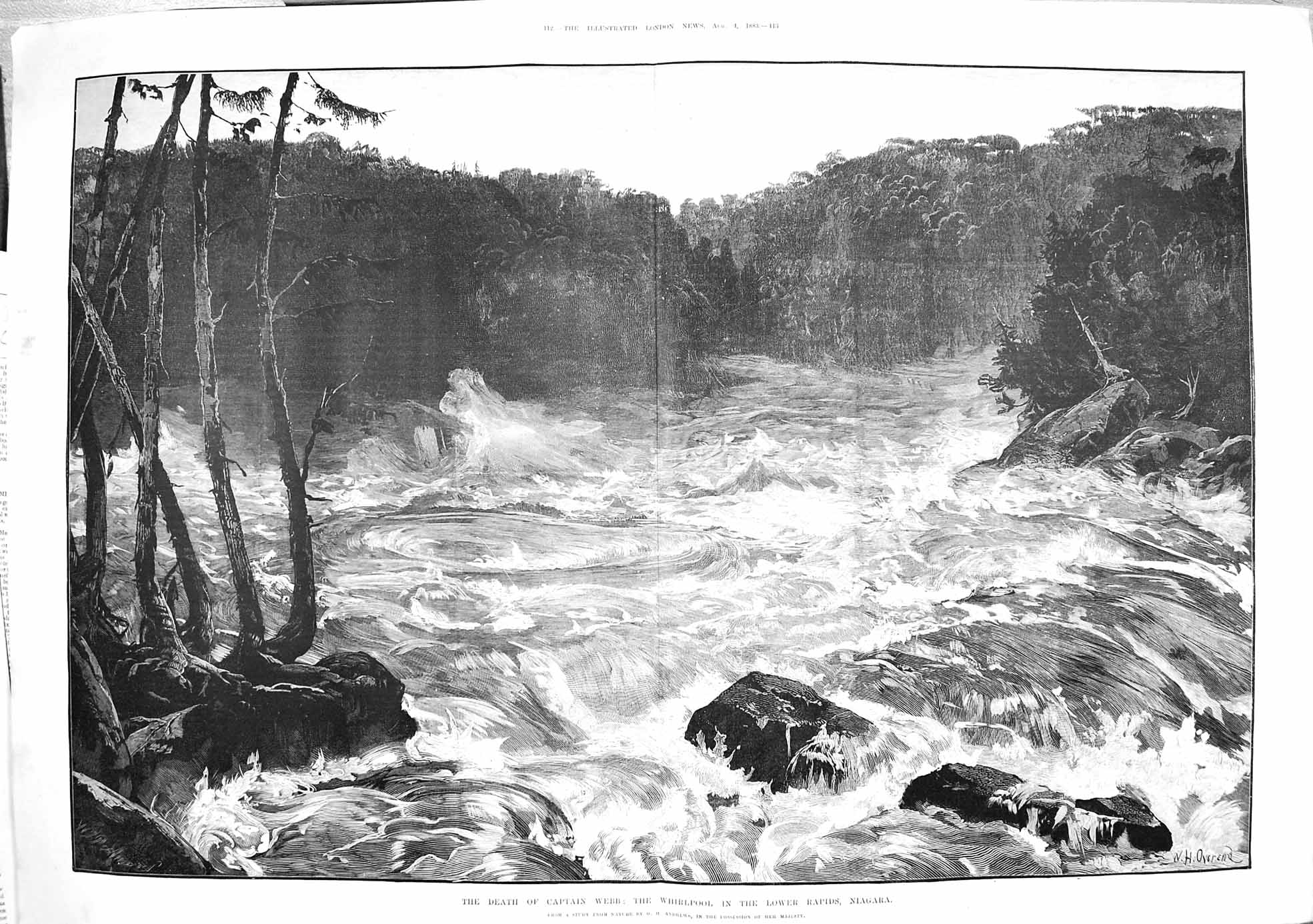 Old Antique Print 1883 Death Captain Webb Whirlpool Lower Rapids Niagara 19th