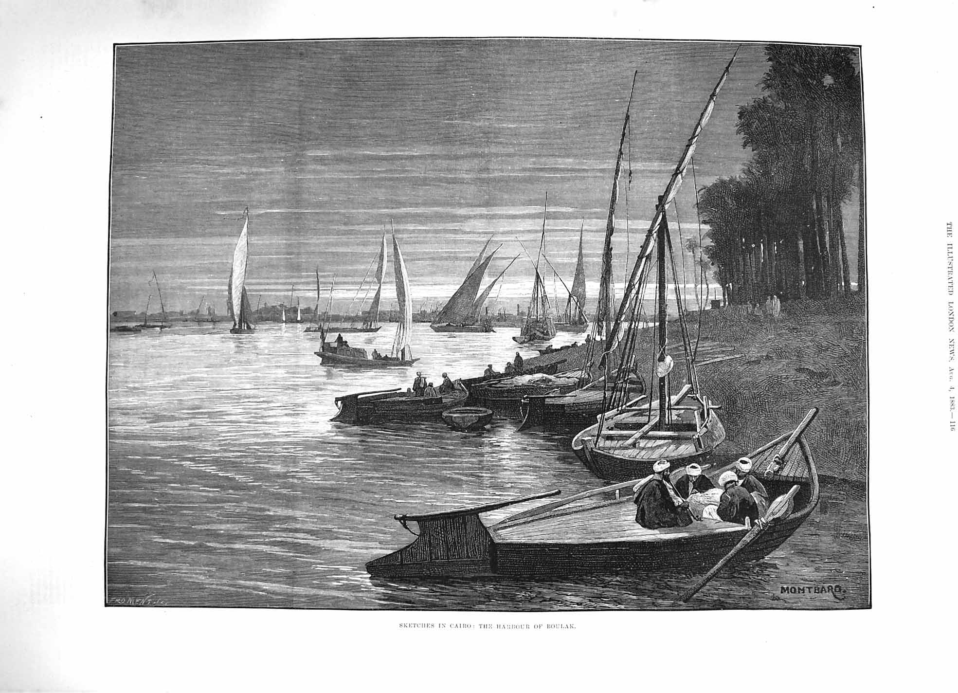 Old Antique Print 1883 Sketches Cairo Egypt Harbour Boulak Boats Fine Art 19th
