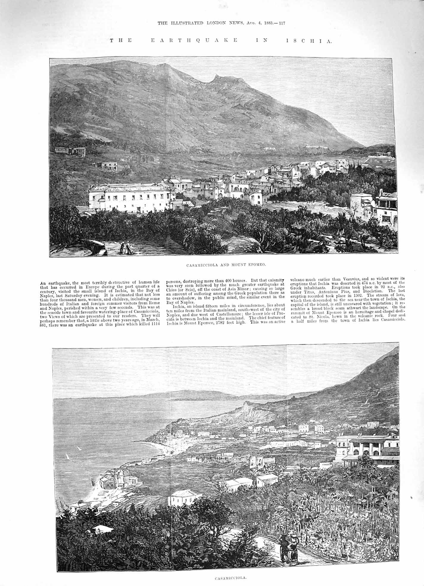 Original Old Antique Print 1883 Earthquake Ischia Casamicciola Mount Epomeo