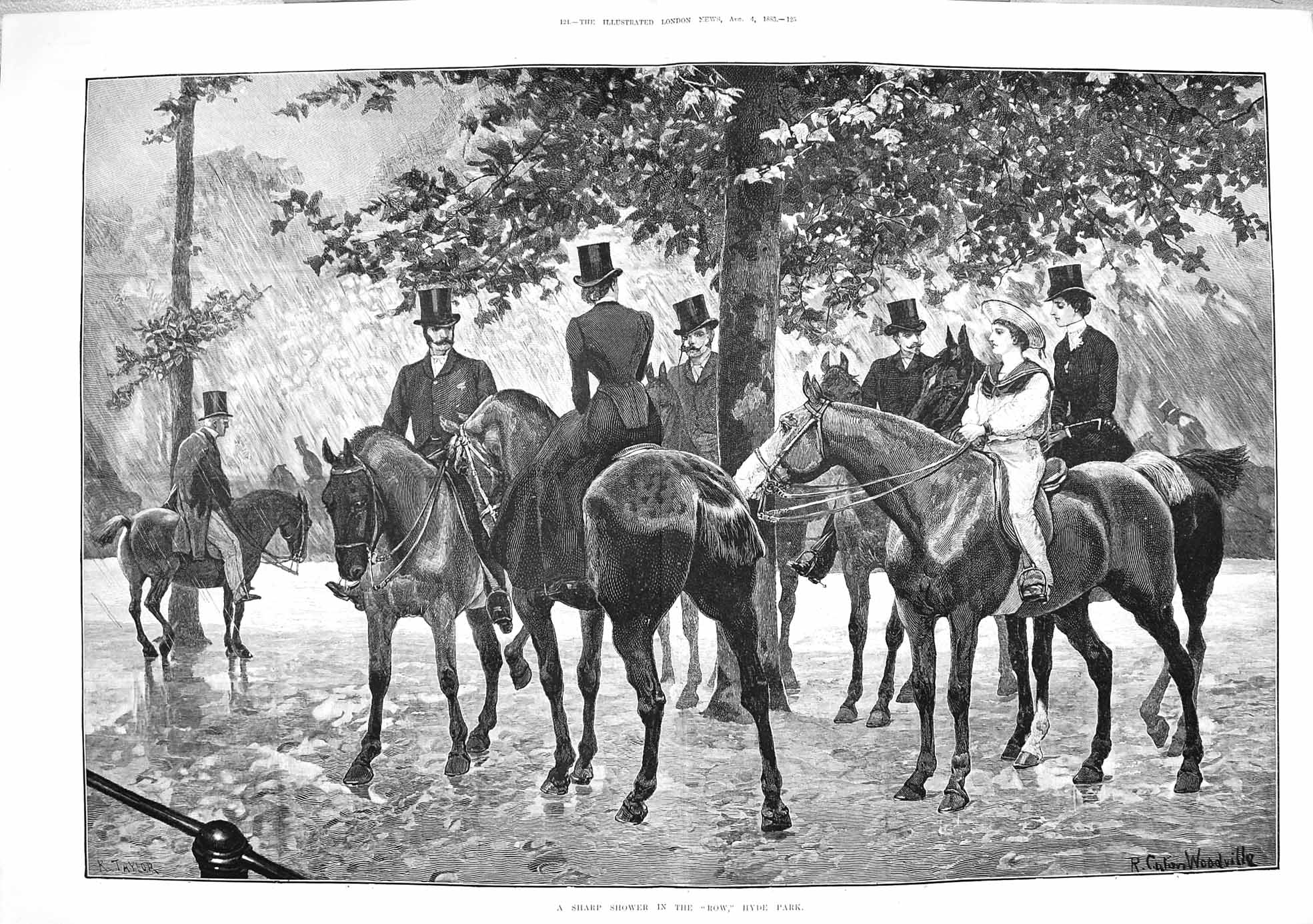 Original Old Antique Print 1883 Sharp Shower Rain Row Hyde Park London Hunting