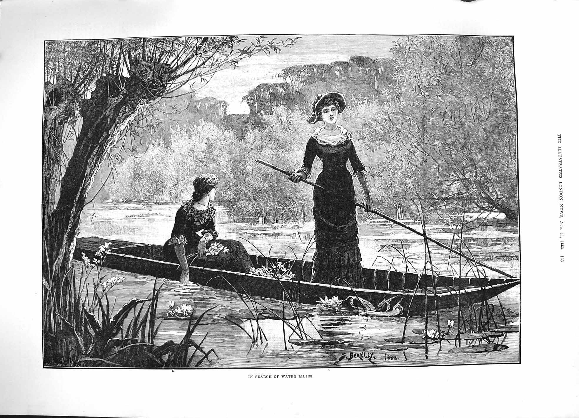 Original Old Antique Print 1883 Search Water Lillies Ladies River Boat Fine Art