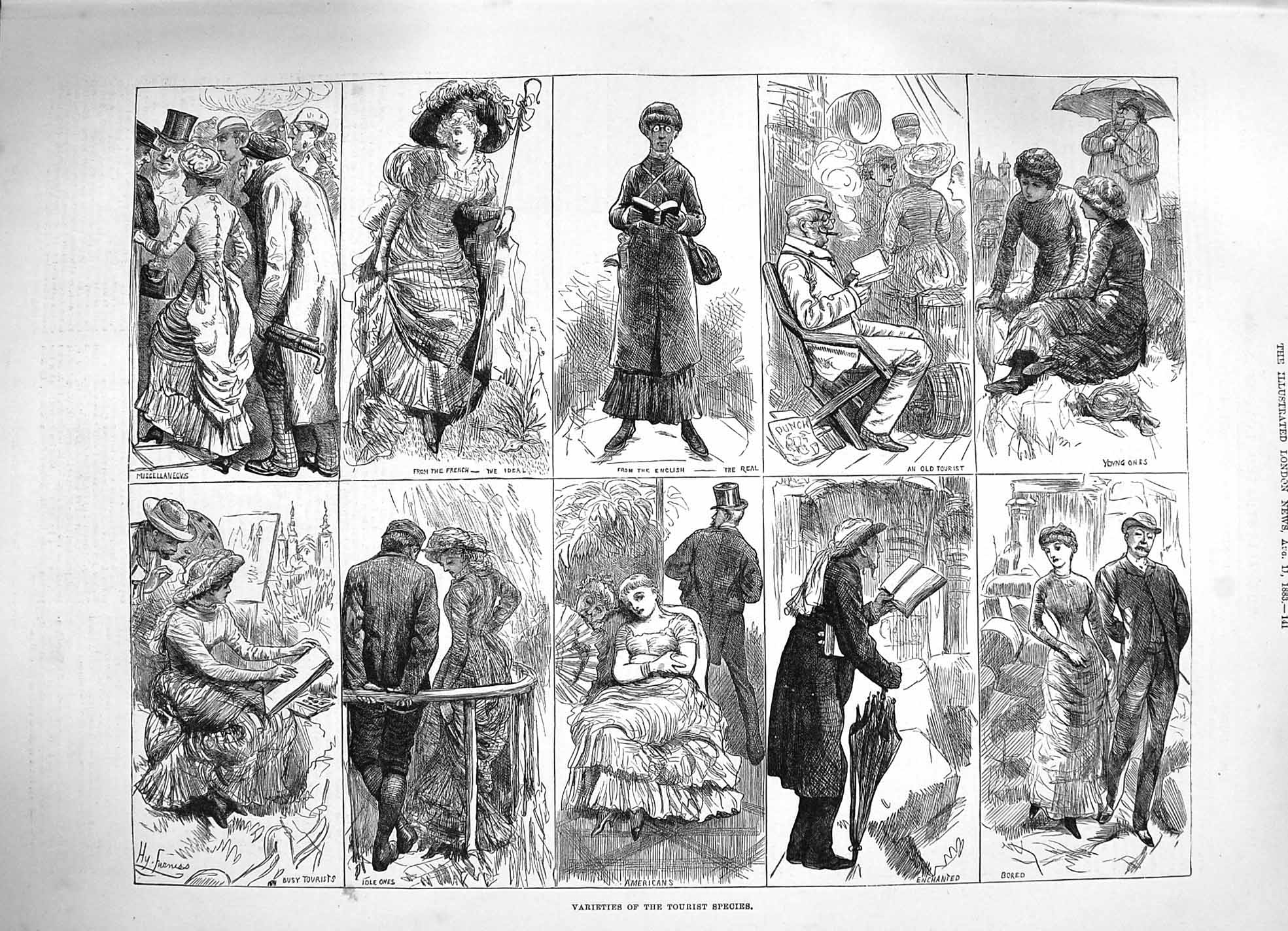 Original Old Antique Print 1883 Tourists French Busy Americans Bored Children