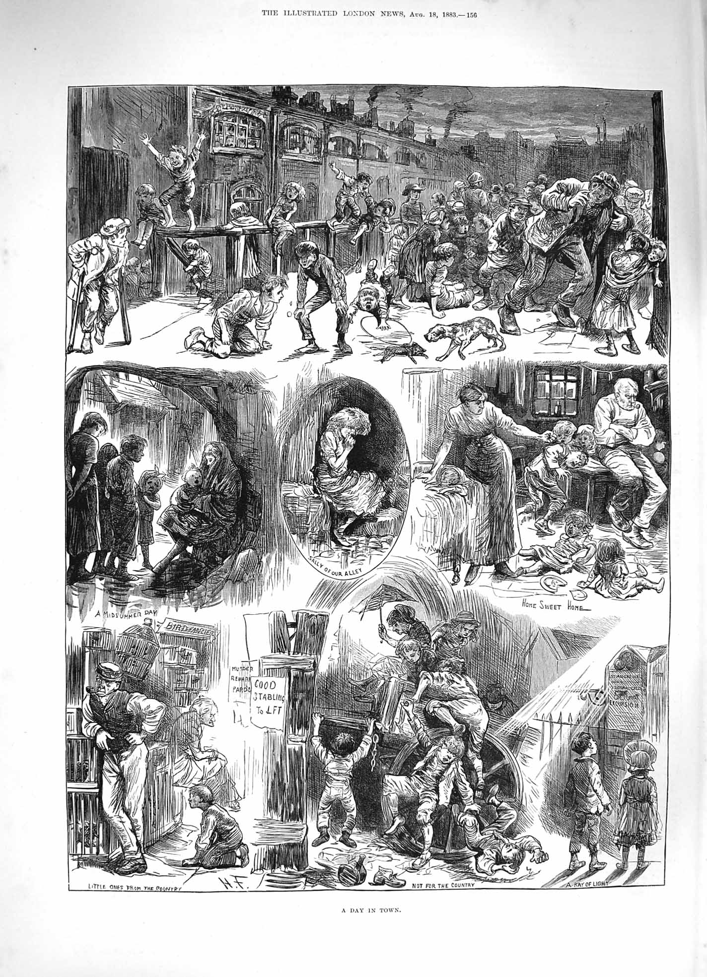 Original Old Antique Print 1883 Day Town Shopping Rowdy Children Country Picnic