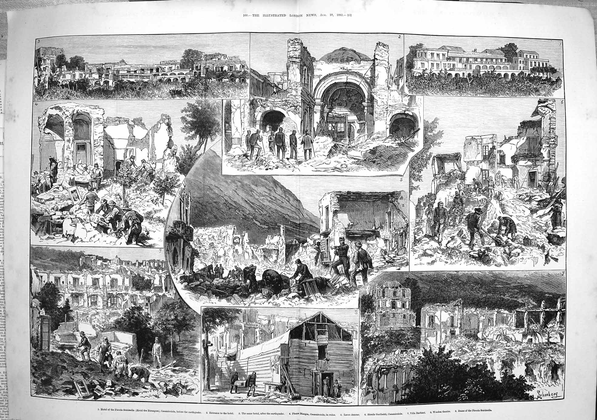 Old Antique Print 1883 Earthquake Ischia Bay Naples Casamicciola Theatre 19th