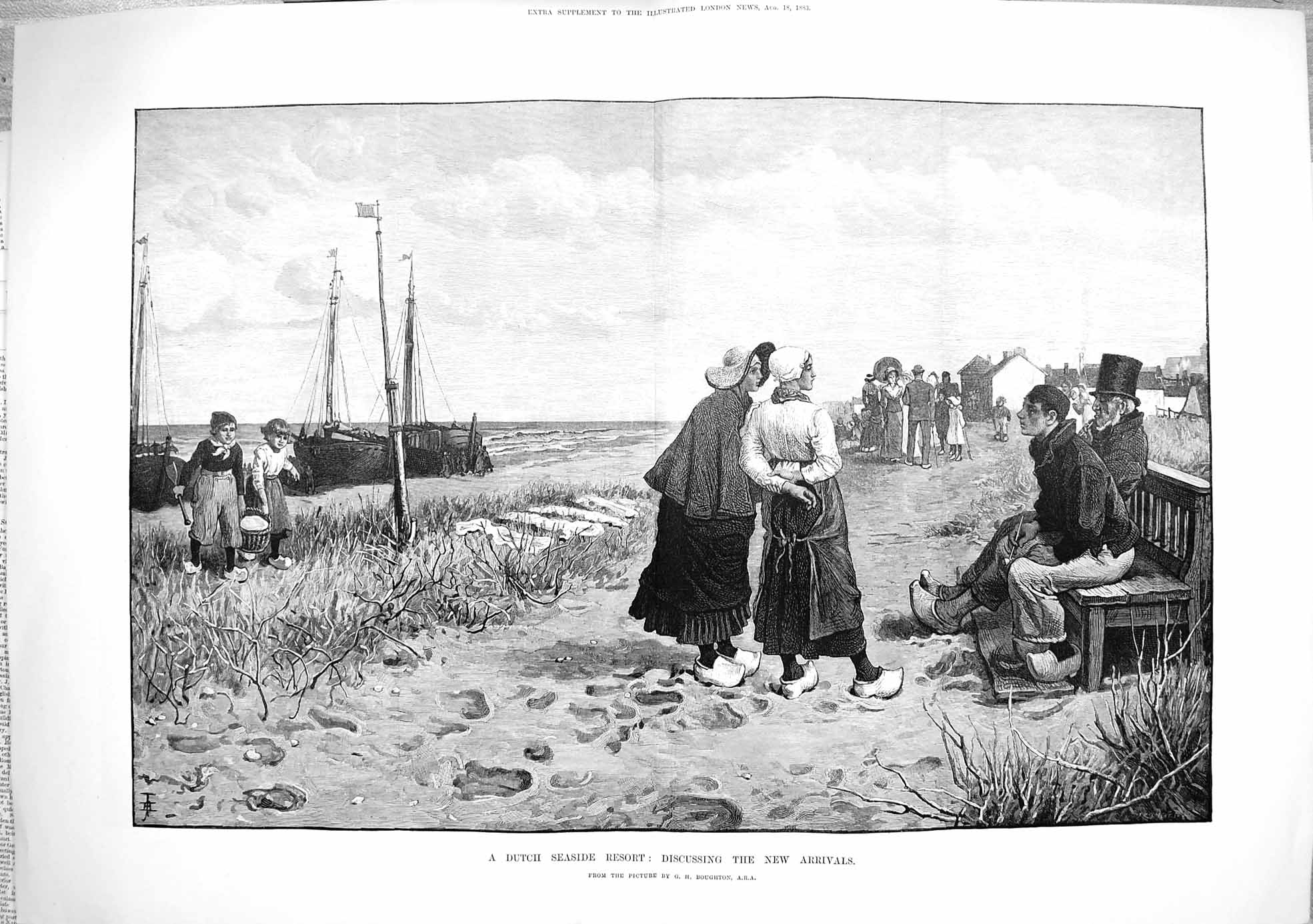 Old Antique Print 1883 Dutch Seaside Resort Boat Beach Children Fine Art 19th