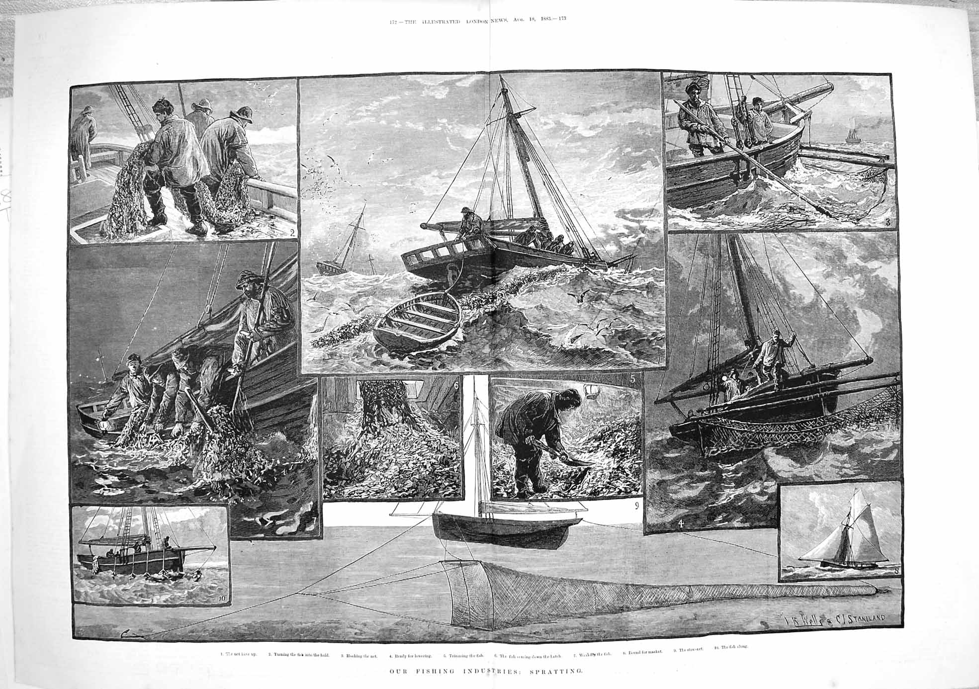 Original Old Antique Print 1883 Fishing Industry Stow-Net Boats Spratting Fish
