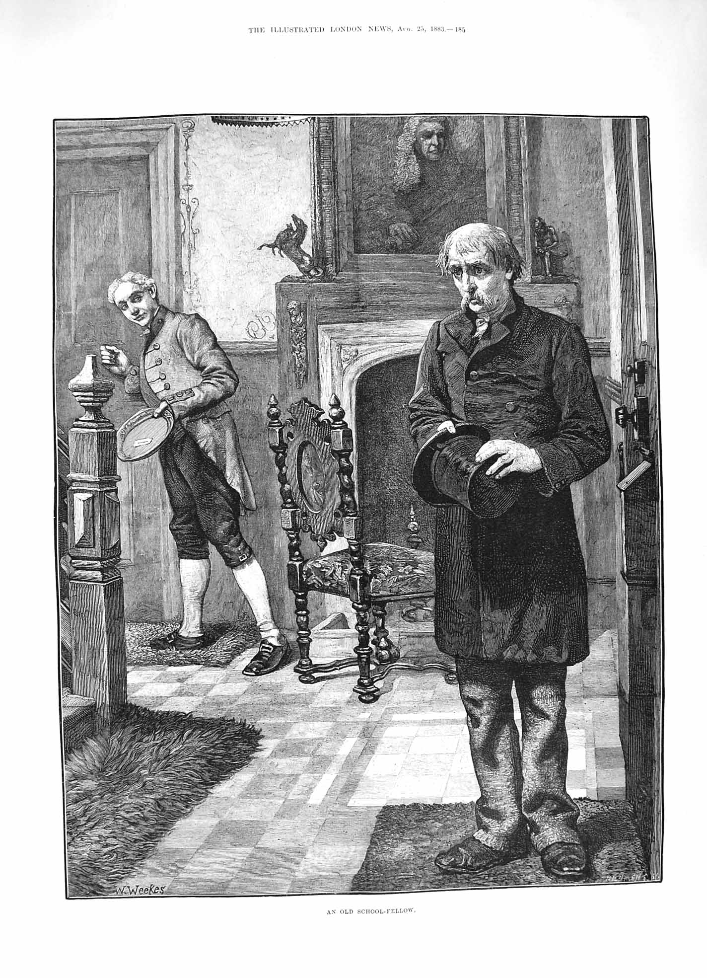 Original Old Antique Print 1883 School Fellow Men Servant House Fine Art 19th