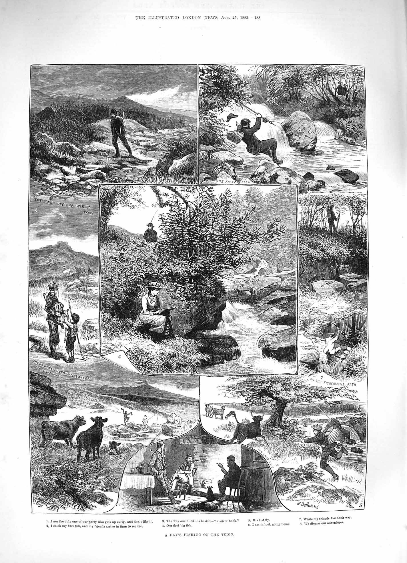 Original Old Antique Print 1883 Fly Fishing River Teign Devon England Fi 19th