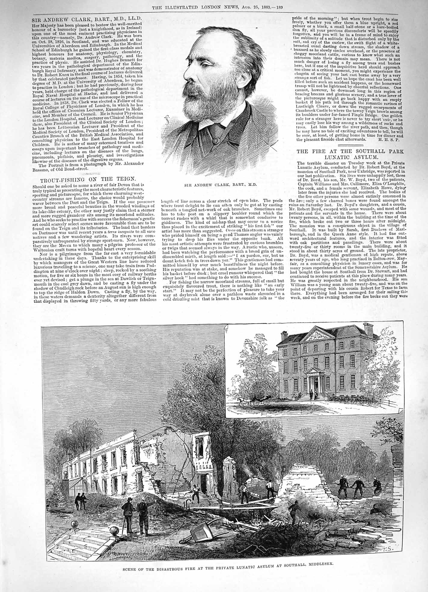 Original Old Antique Print 1883 Andrew Clark Fire Private Lunatic Asylum S 19th