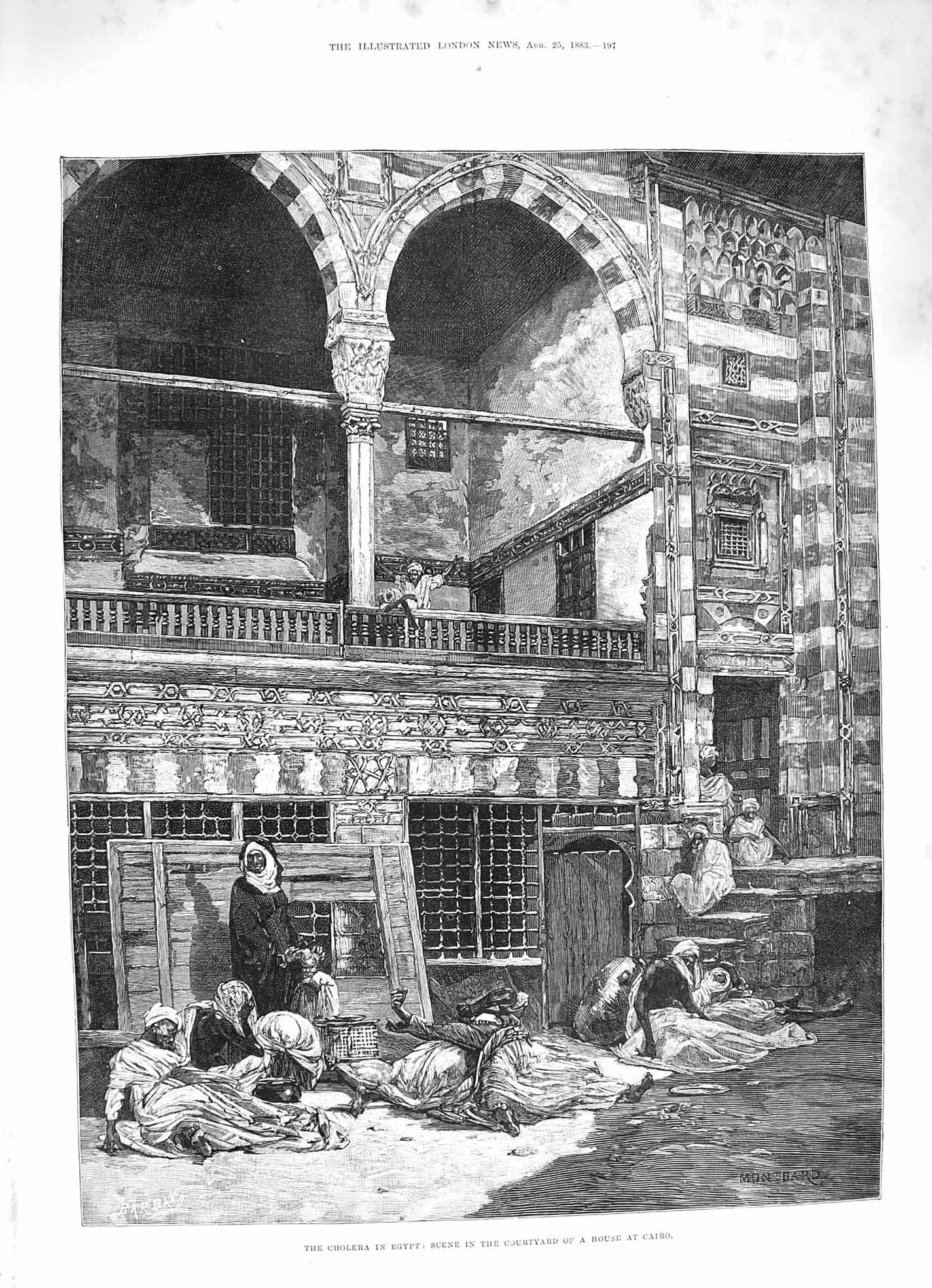 Original Old Antique Print 1883 Cholera Egypt Scene Courtyard House Cairo M 19th