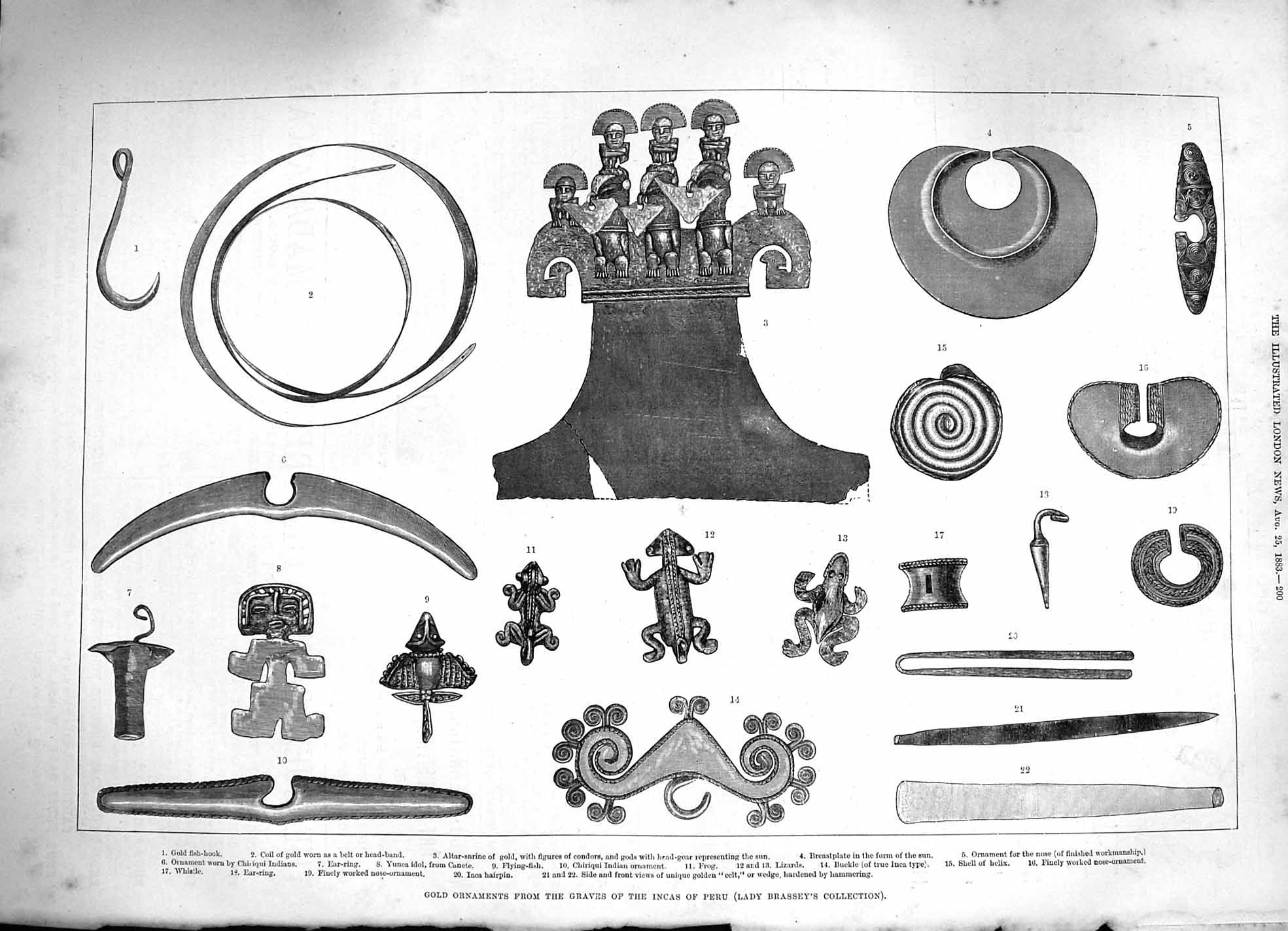 Original Old Antique Print *3354 1883 GOrnaments Graves Incas Peru Lady Brassey