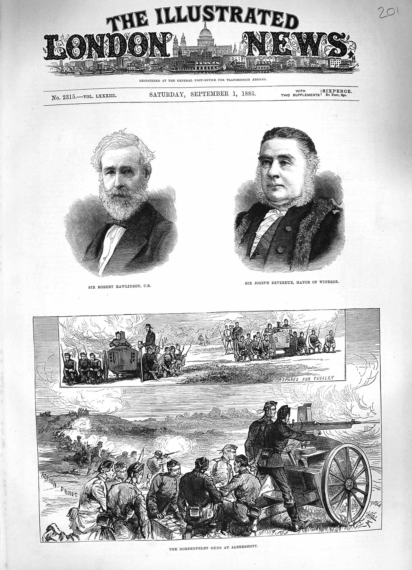 Original Old Antique Print 1883 Robert Rawlinson Devereux Nordenfeldt Aldershot
