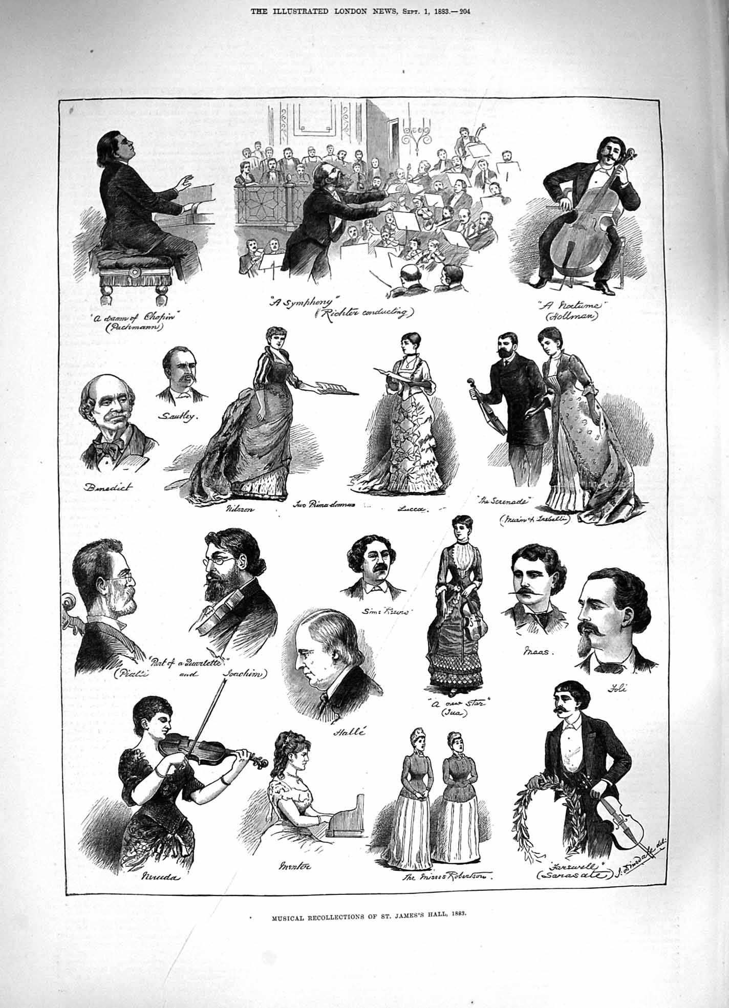 Original Old Antique Print 1883 Musical Recollections St. James'S Hall Music