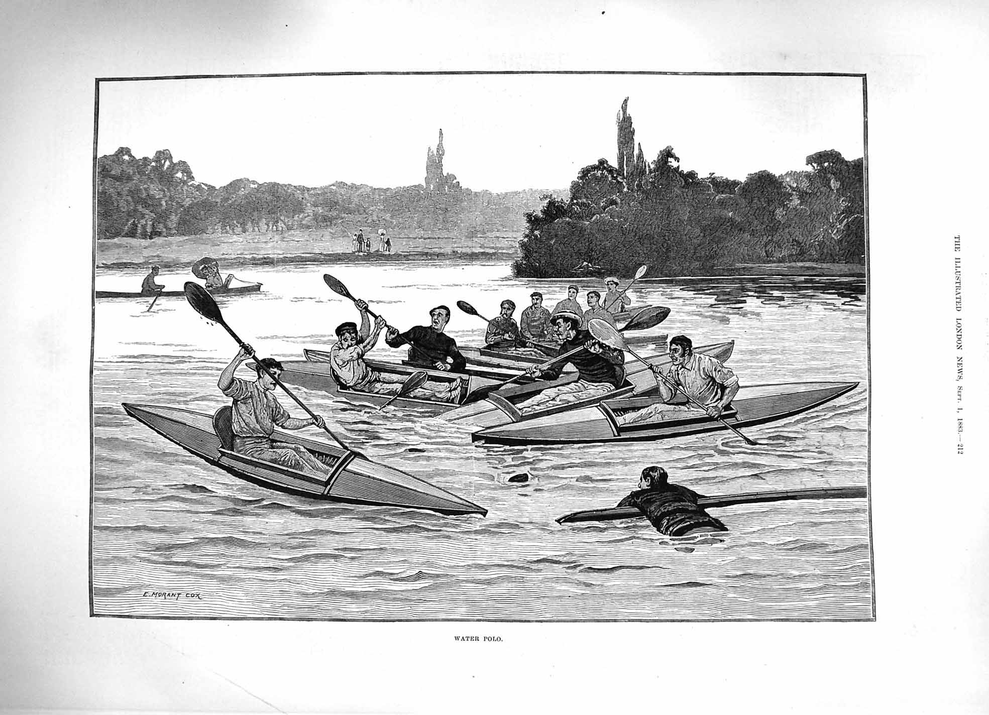 Original Old Antique Print 1883 Water Polo Men Rowing Boats Rive 19th