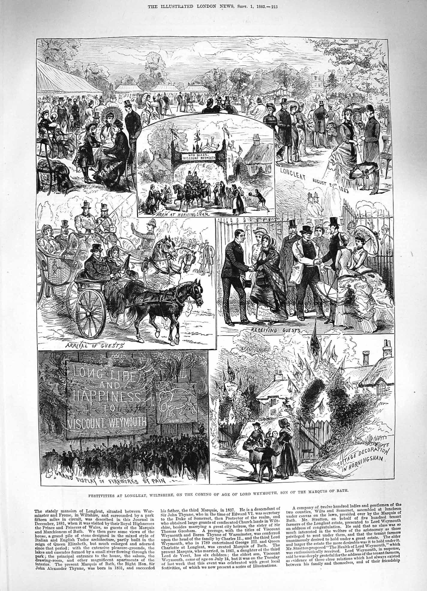 Old Antique Print 1883 Festivities Longleat Wiltshire Lord Weymouth Bath 19th