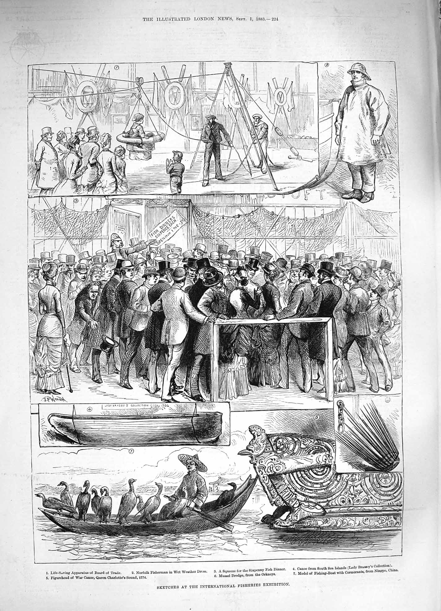 Old Antique Print 1883 International Fisheries Exhbition Norfolk Fisher 19th