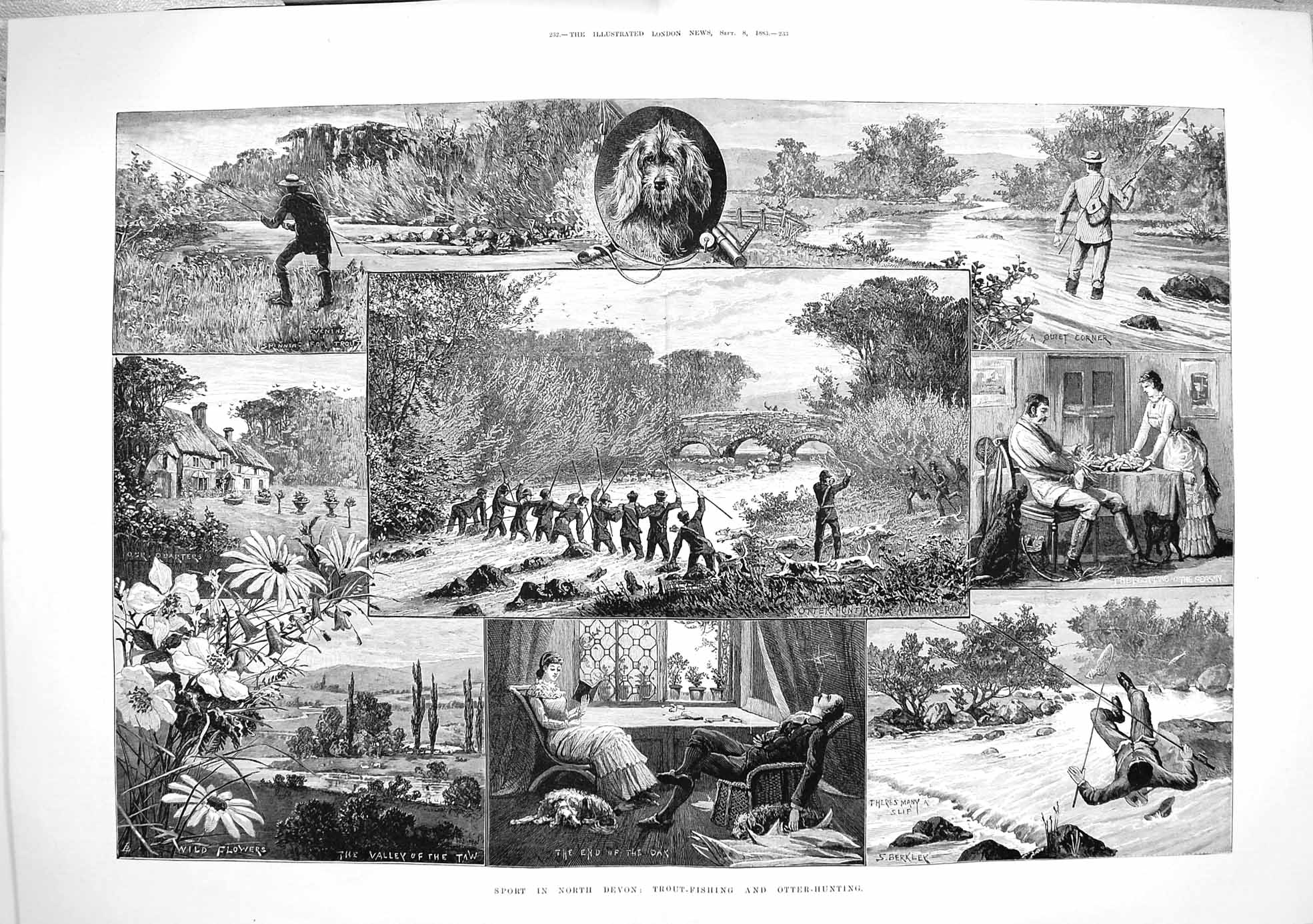 Old Antique Print 1883 Sport Devon Trout Fishing Otter Hunting Hound Dog 19th