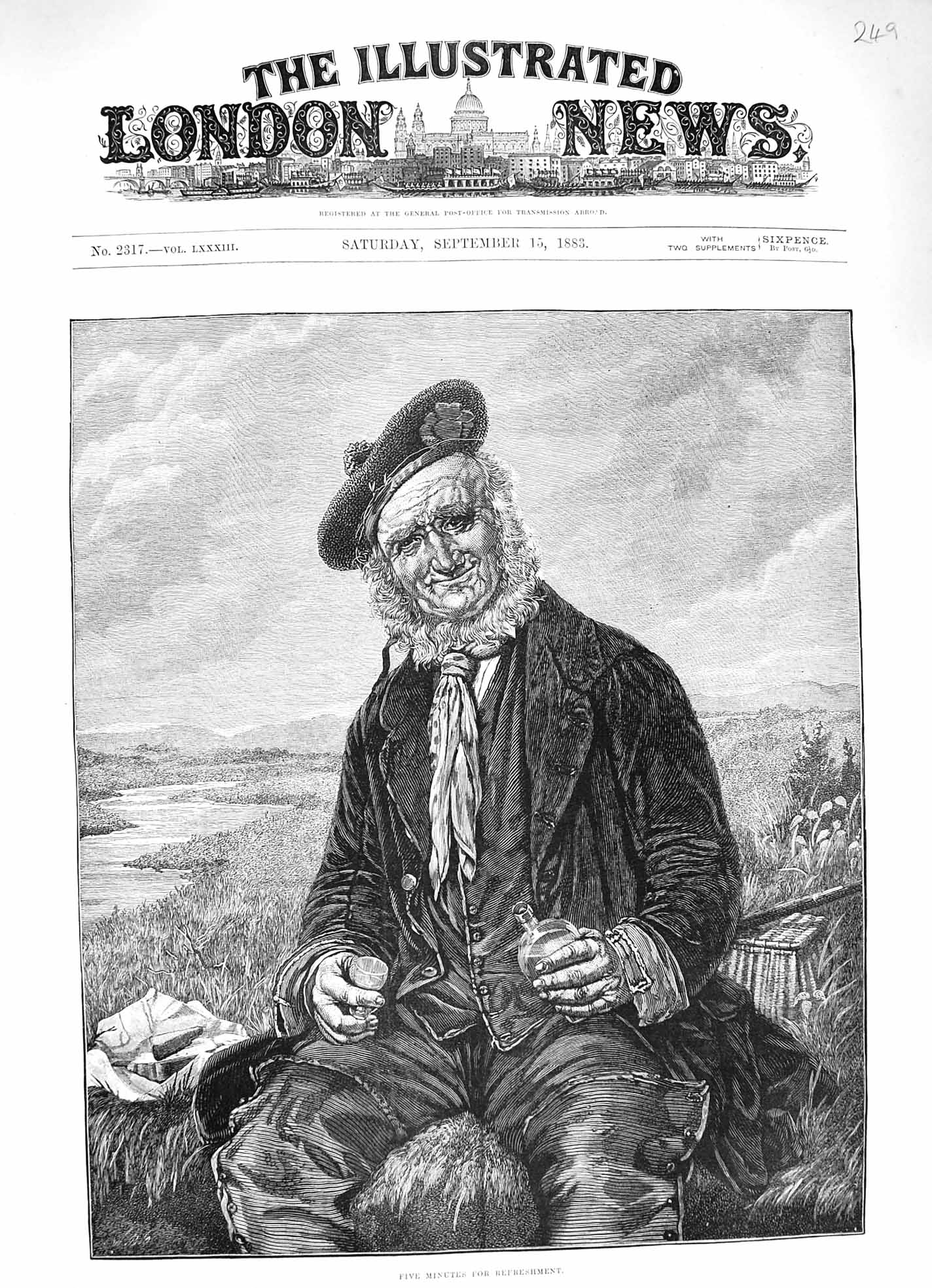 Original Old Antique Print 1883 Five Minutes Refreshment Scottish Man Whiksy