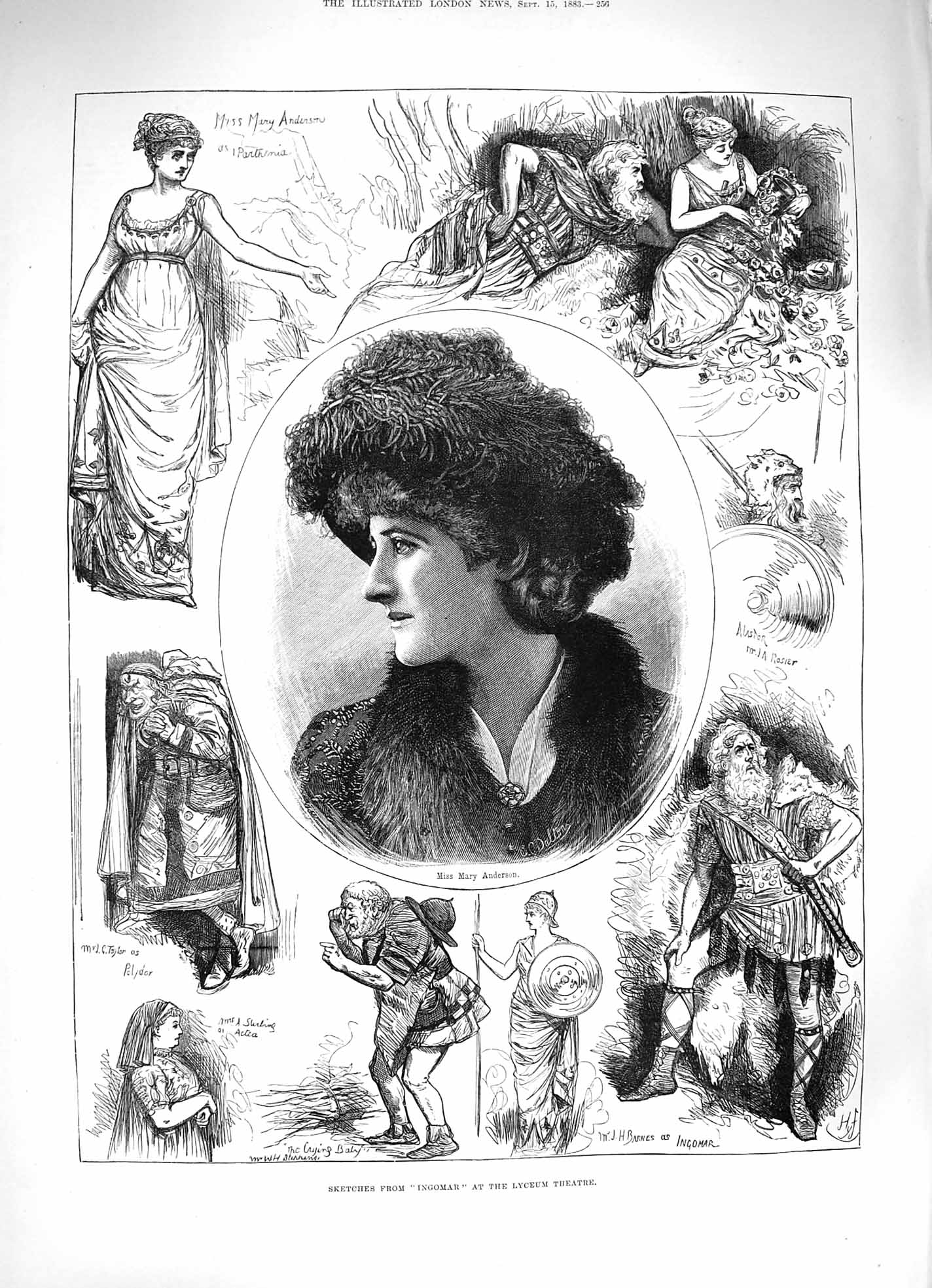 Original Old Antique Print 1883 Sketches Ingomar Lyceum Theatre Mary Anderson