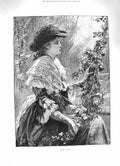 Original Old Antique Print 1883 Maid Kent Beautiful Woman Girl Flowers Fine Art
