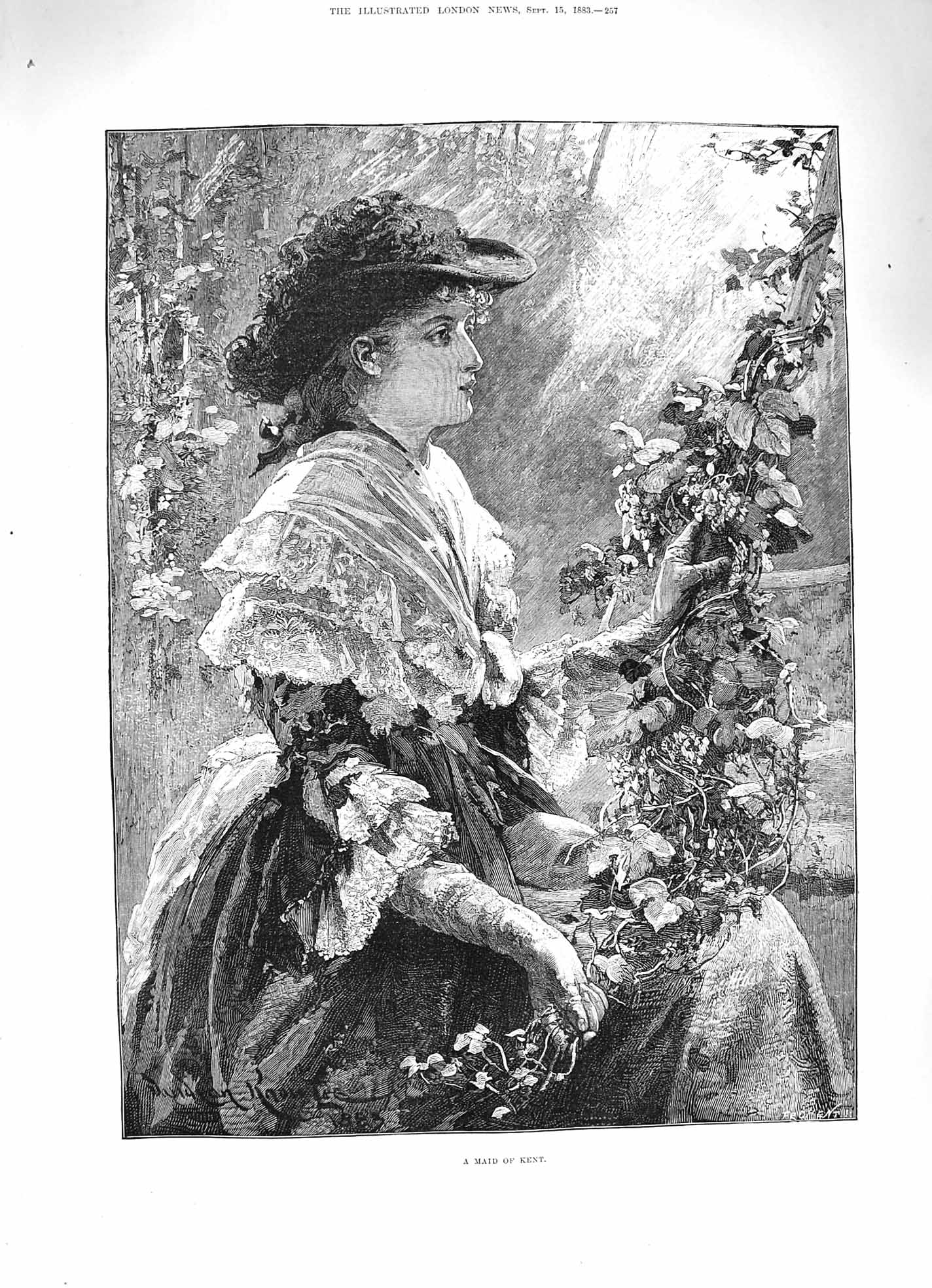 Original Old Antique Print 1883 Maid Kent Beautiful Woman Girl Flowers Fine Art