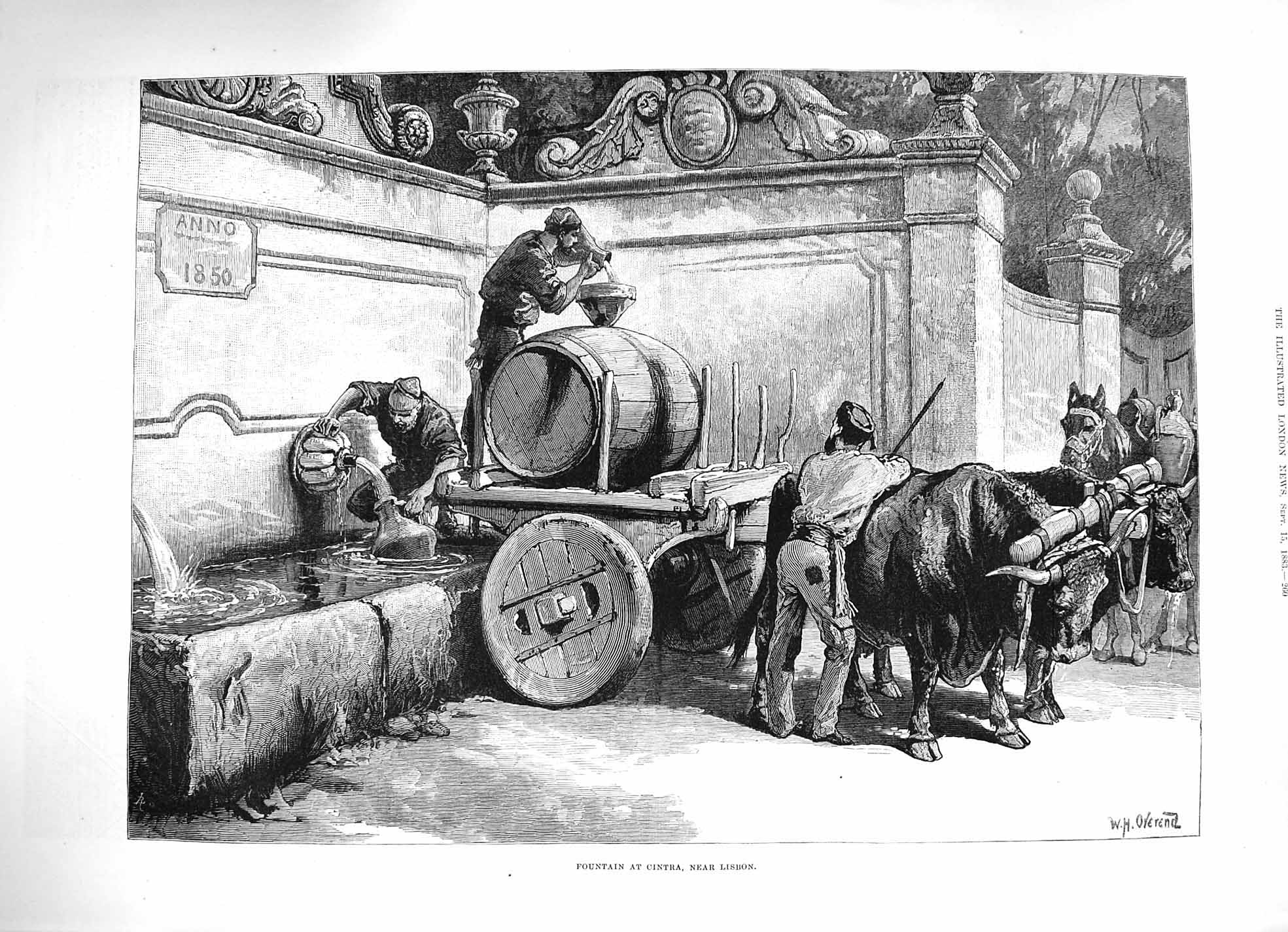 Original Old Antique Print 1883 Fountain Cintra Lisbon Portugal Bullock Cart