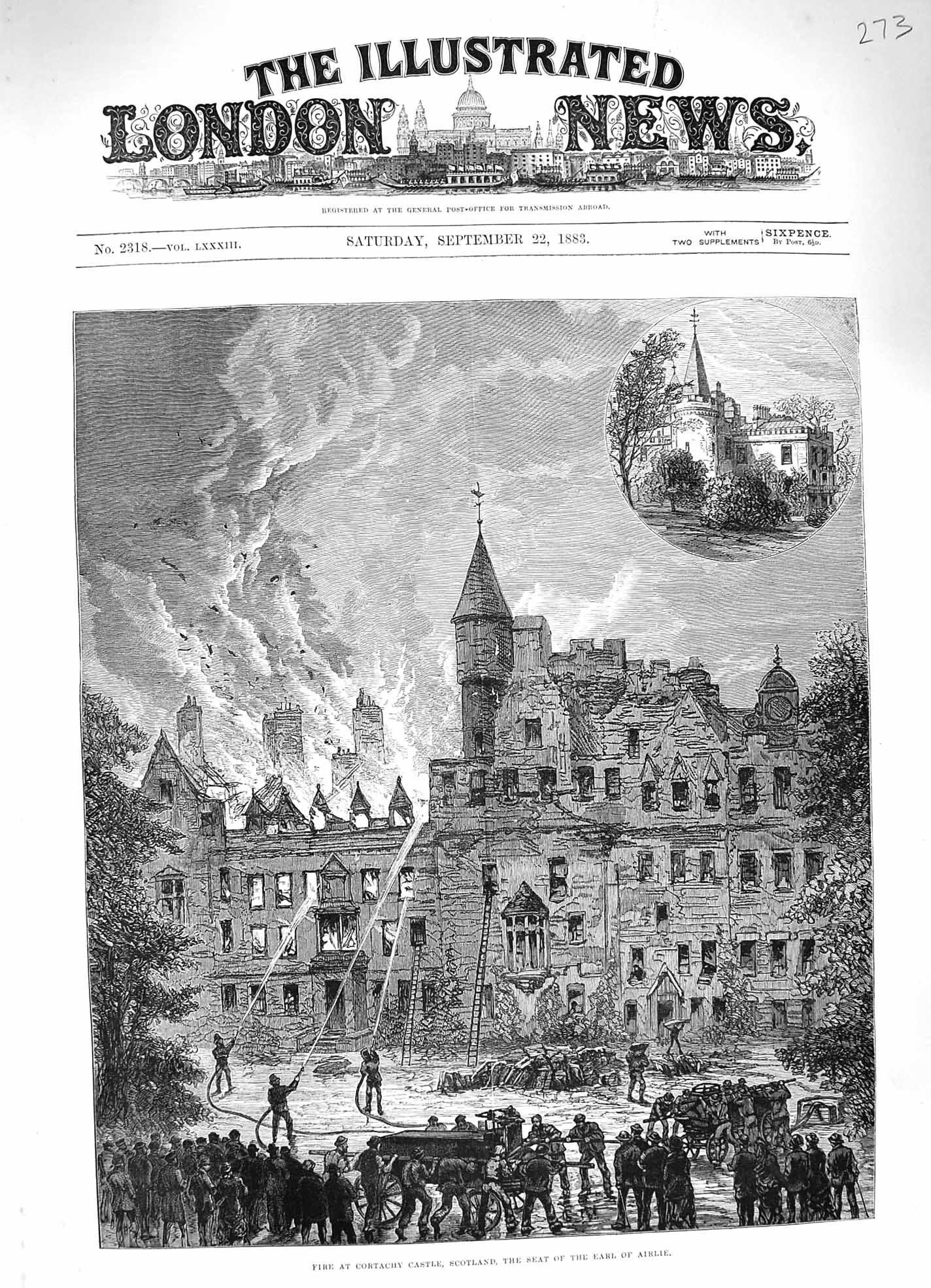 Original Old Antique Print 1883 Fire Cortachy Castle Seat Earl Airlie Firemen