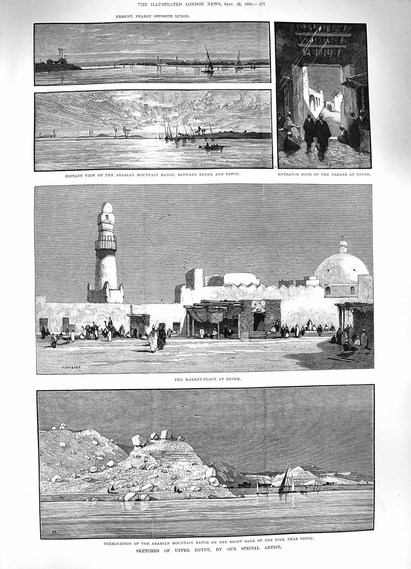 Old Antique Print 1883 Egypt Arabian Mountain S Edfou Esneh Bazaar Nile 19th