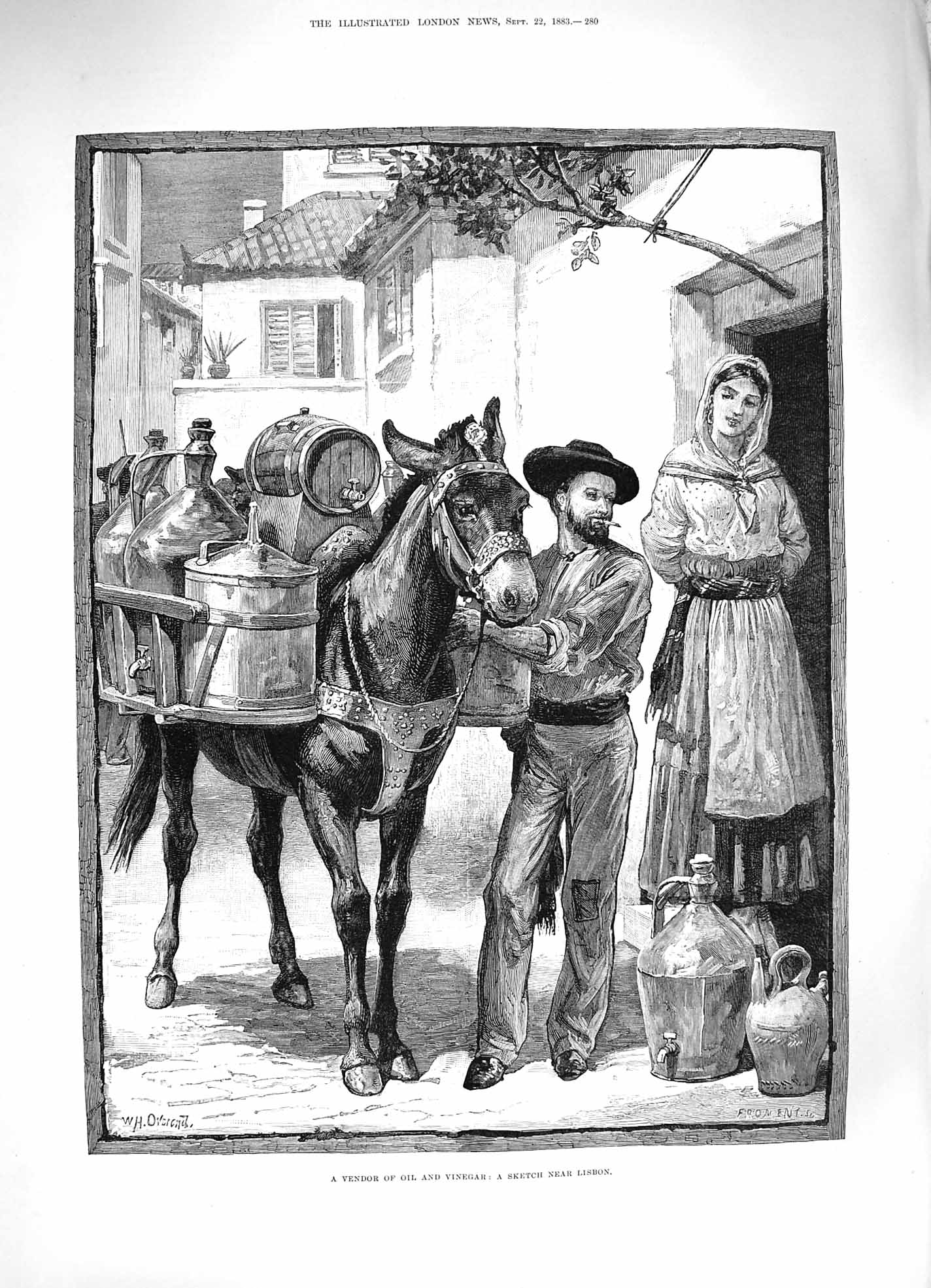 Old Antique Print 1883 Street Vendor Oil Vinegar Lisbon Portugal Fine Art 19th