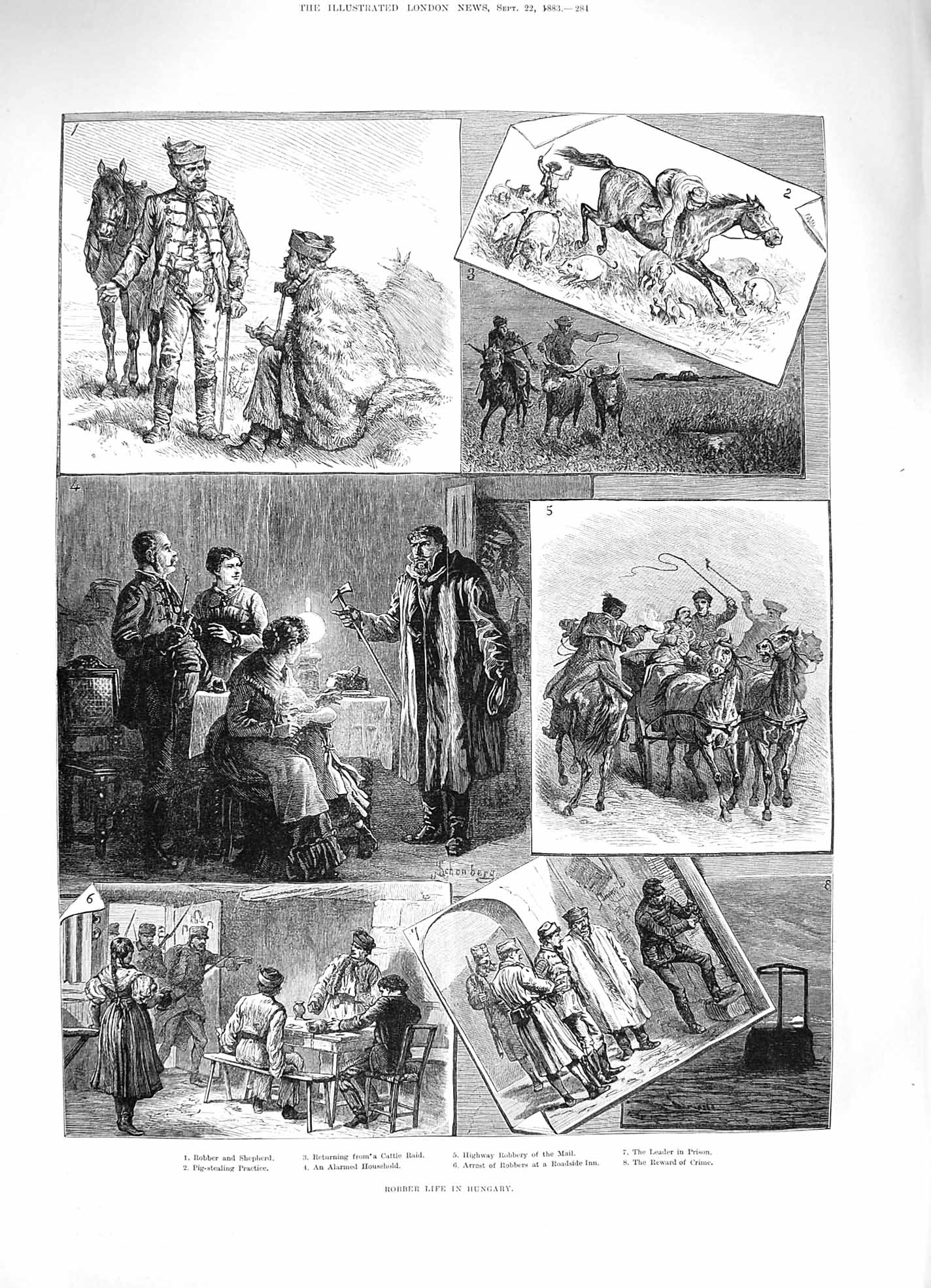Original Old Antique Print 1883 Robber Life Hungary Shepherd Cattle Raid Prison