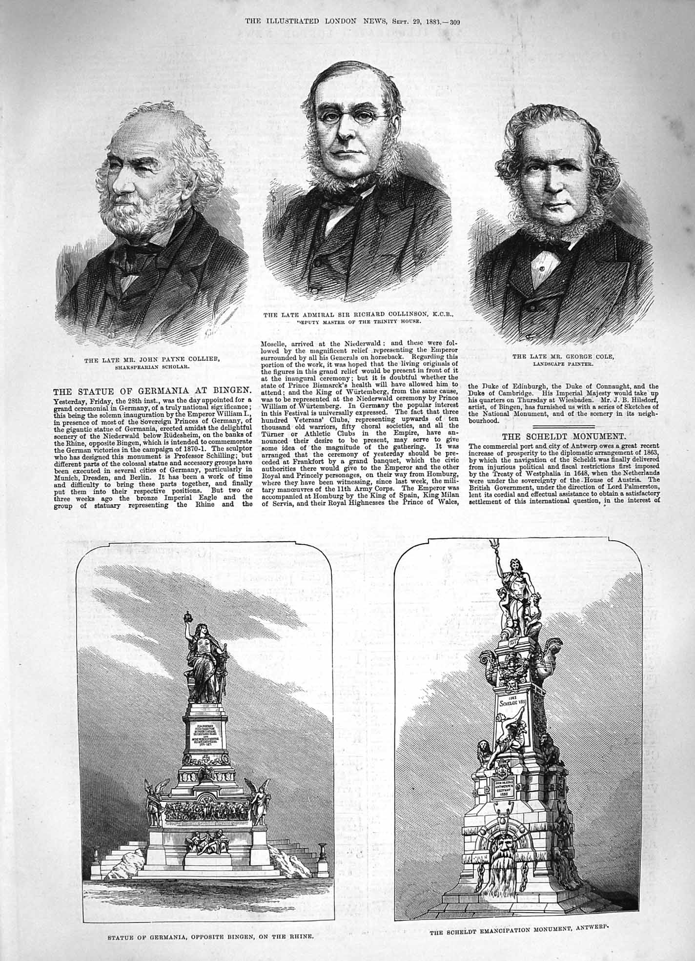 Original Old Antique Print 1883 Statue Germania Schledt Antwerp Collinson Cole