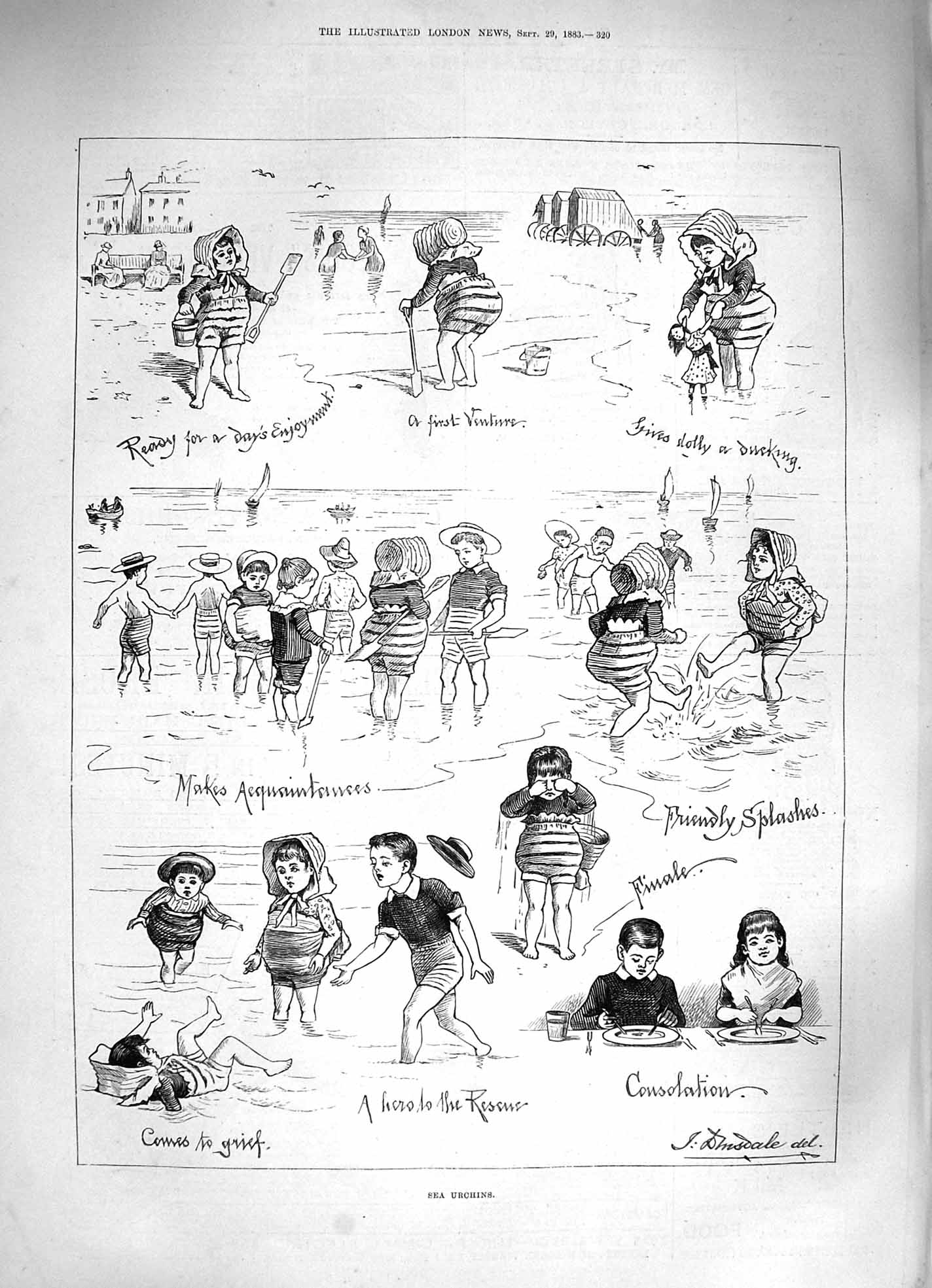 Old Antique Print 1883 Sea Urchins Children Playing Seaside Beach Scene 19th
