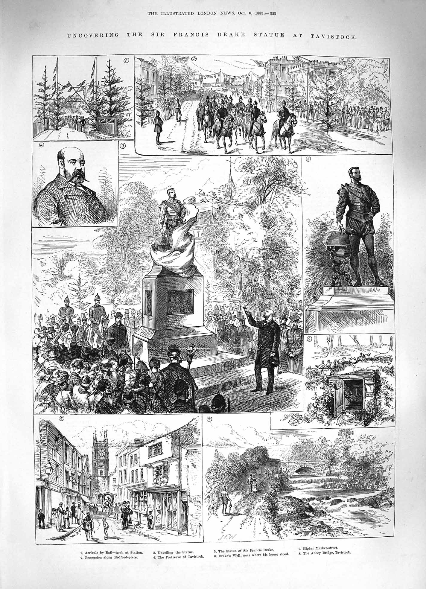 Original Old Antique Print 1883 Francis Drake Statue Tavistock Abbey Brid 19th