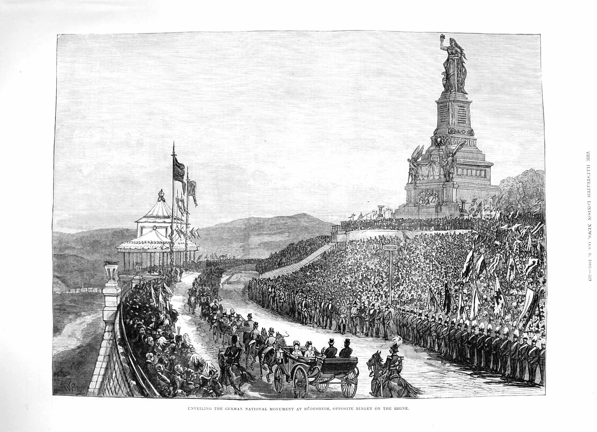 Antique Old Print *3353 1883 German National Monument Rudesheim Bingen Rhine