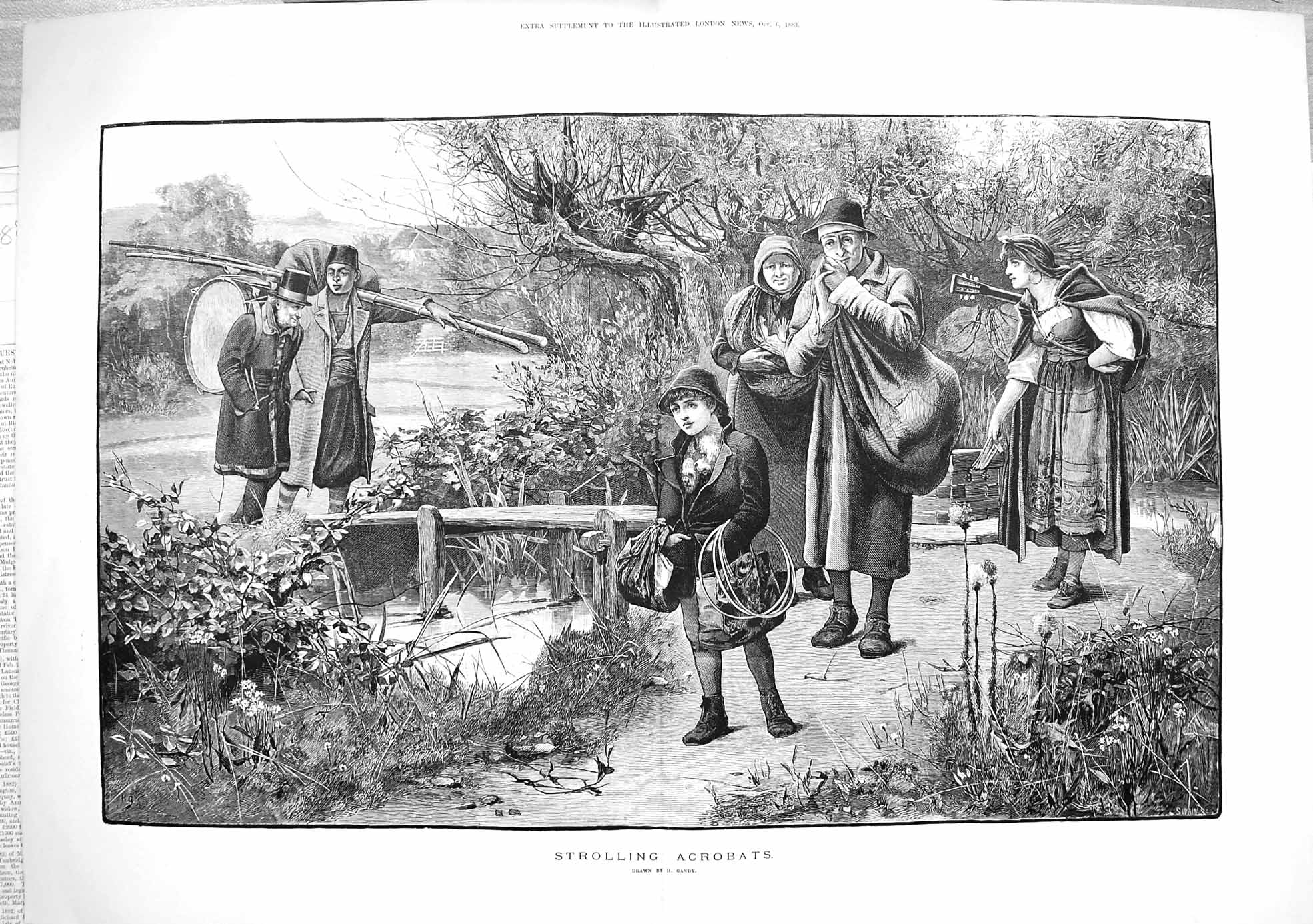 Original Old Antique Print 1883 Strolling Acrobats Performers Gandy Fine Art