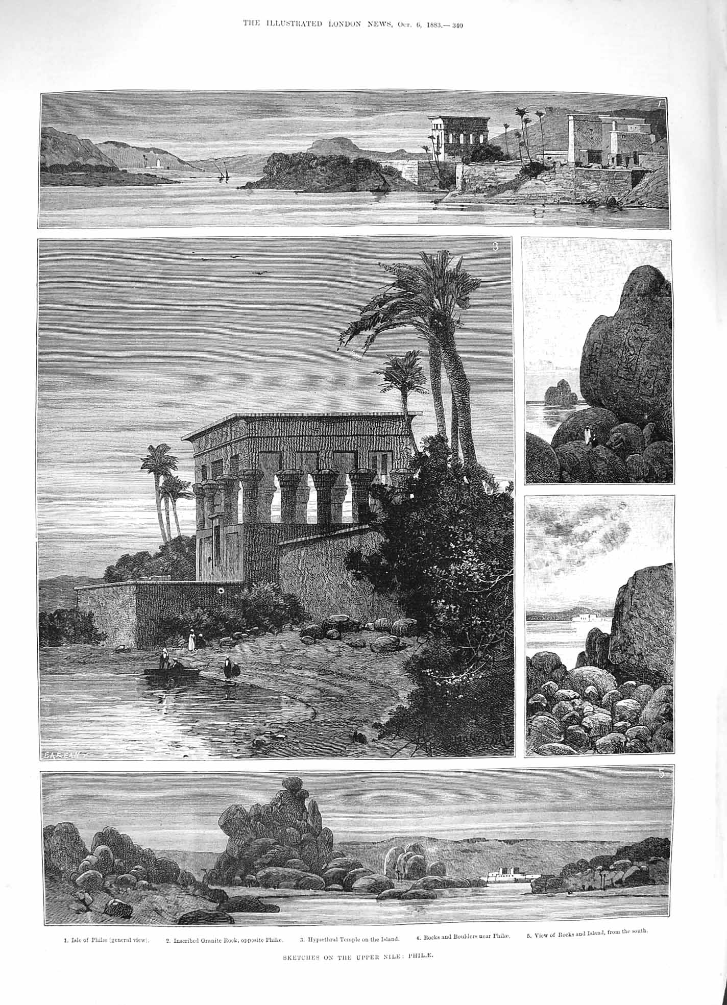 Old Antique Print 1883 Upper Nile Philae Granite Rock Hypaethral Temple 19th