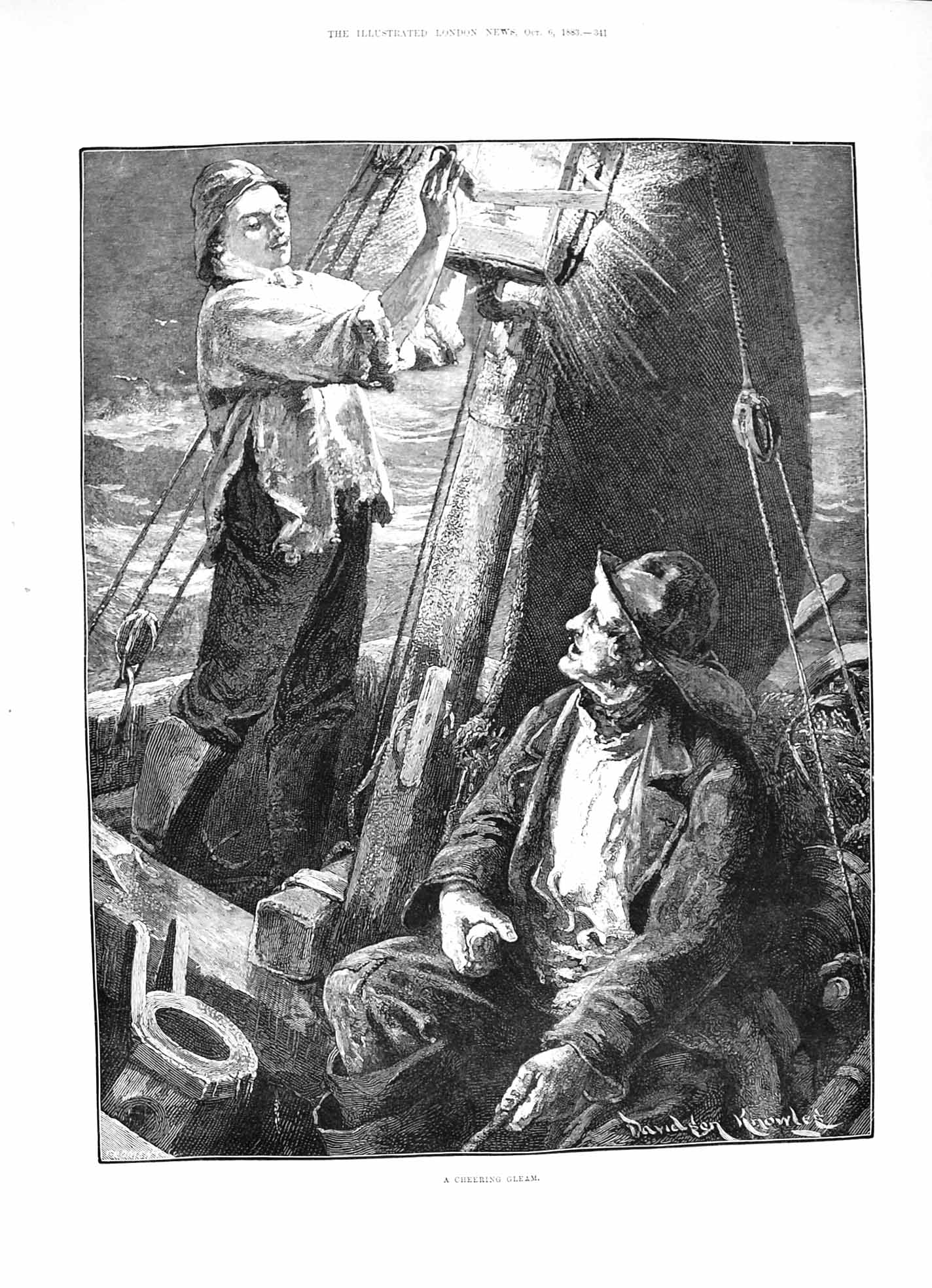Original Old Antique Print 1883 Cheering Glean Fishing Boat Fishermen Fine Art
