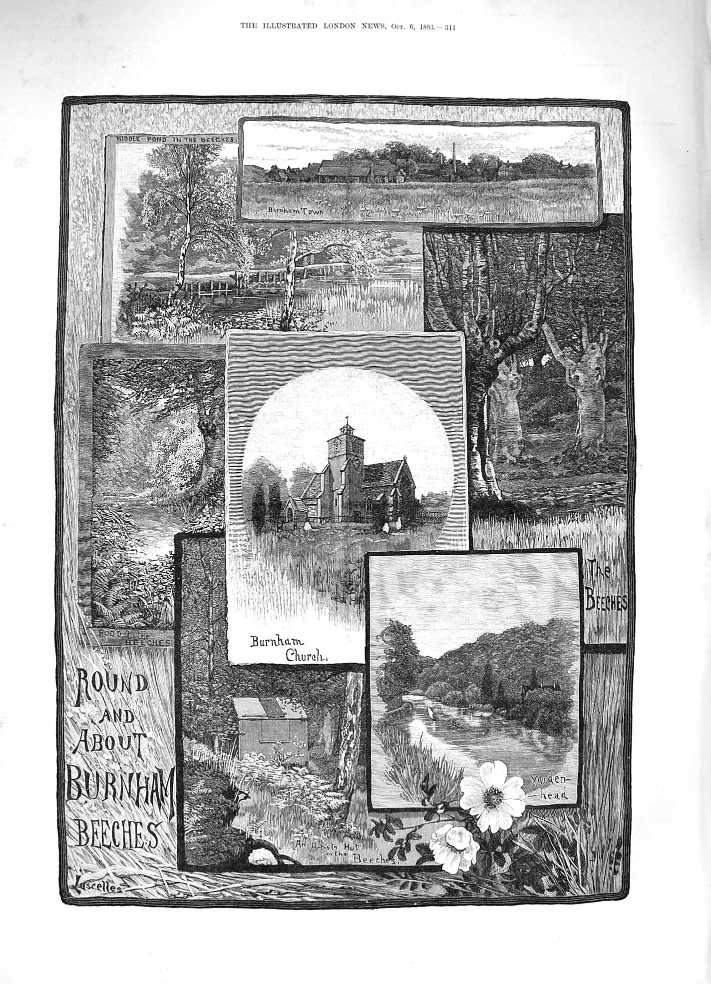 Old Antique Print 1883 Burnham Beeches Church Maidenhead Trees Fine Art 19th