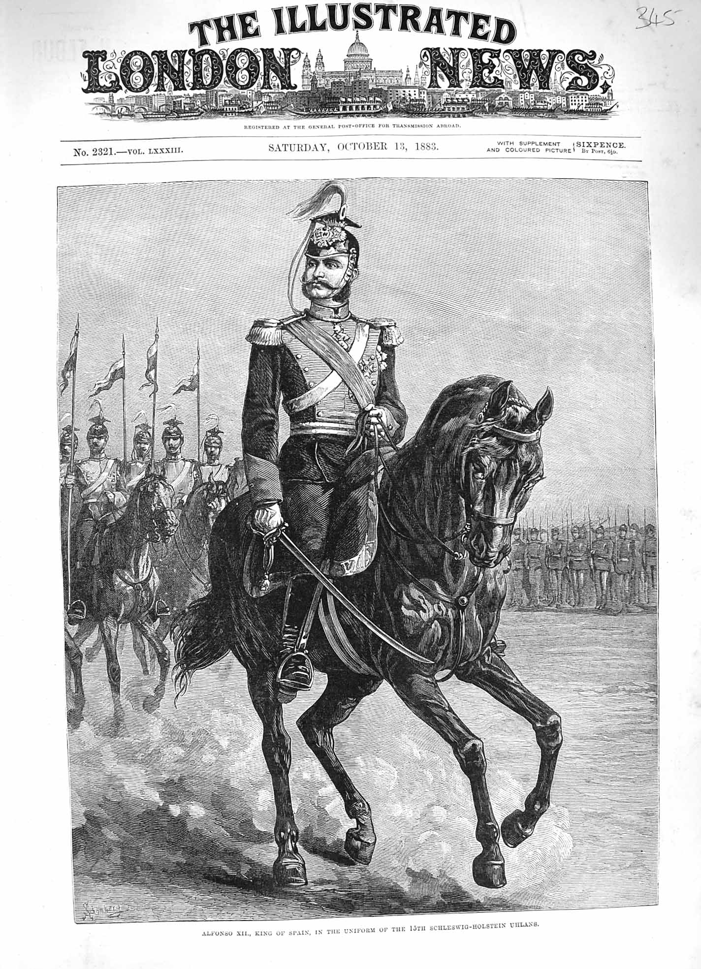 Old Antique Print 1883 Alfonso Xii King Spain Schleswig-Holstein Uhlans 19th