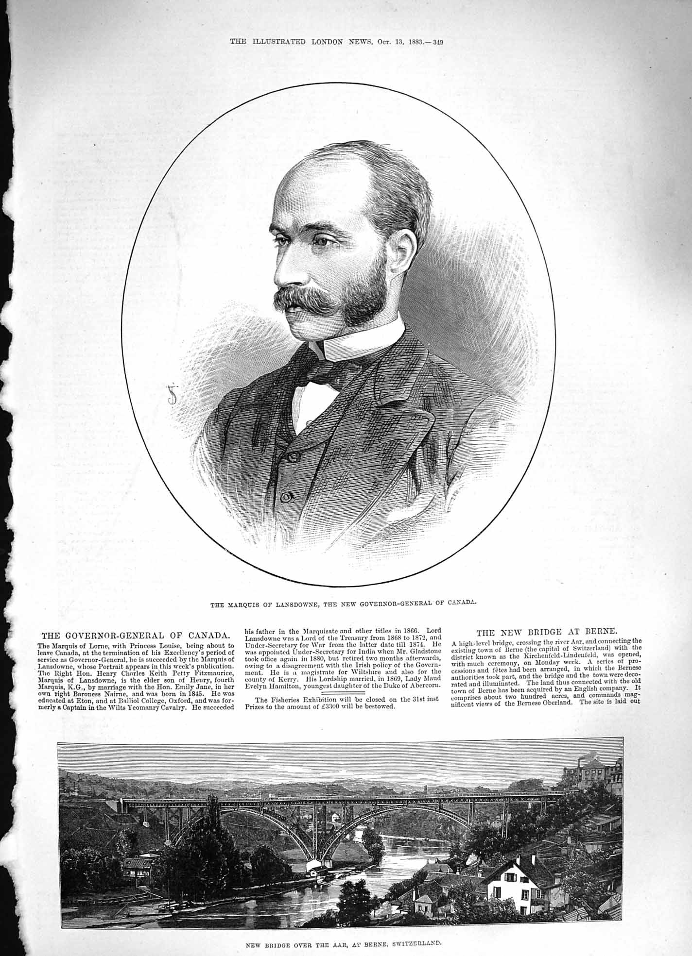 Original Old Antique Print 1883 Marquis Lansdowne Canada Bridge Aar Switzerland