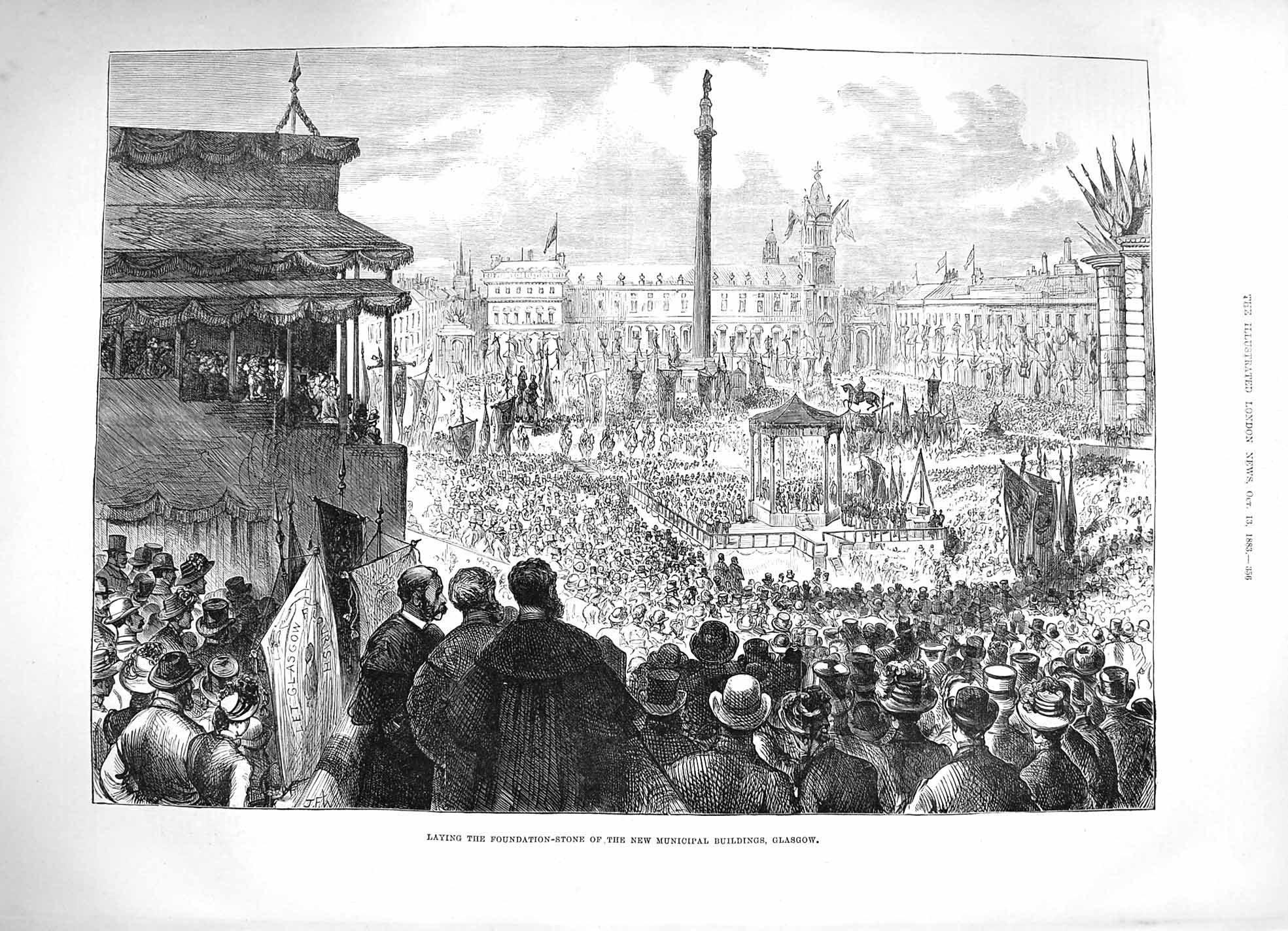 Original Old Antique Print 1883 Foundation Stone Municipal Buildings Glasgow